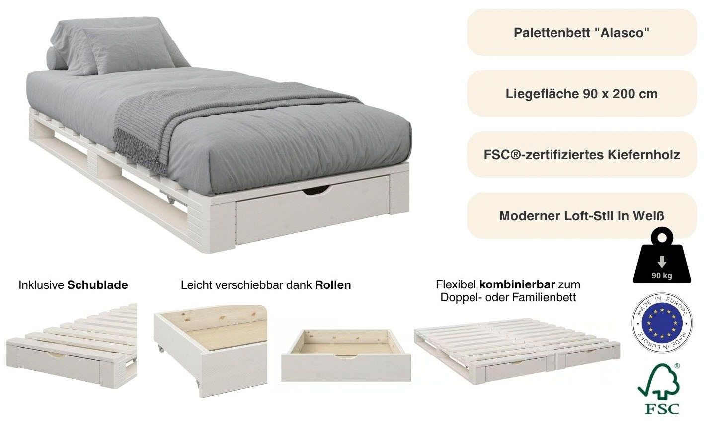 Home affaire Palettenbett »"ALASCO "  BESTSELLER! Mit Schublade« zertifiziertes Massivholz, erweiterbar zum Doppel- oder Familienbett