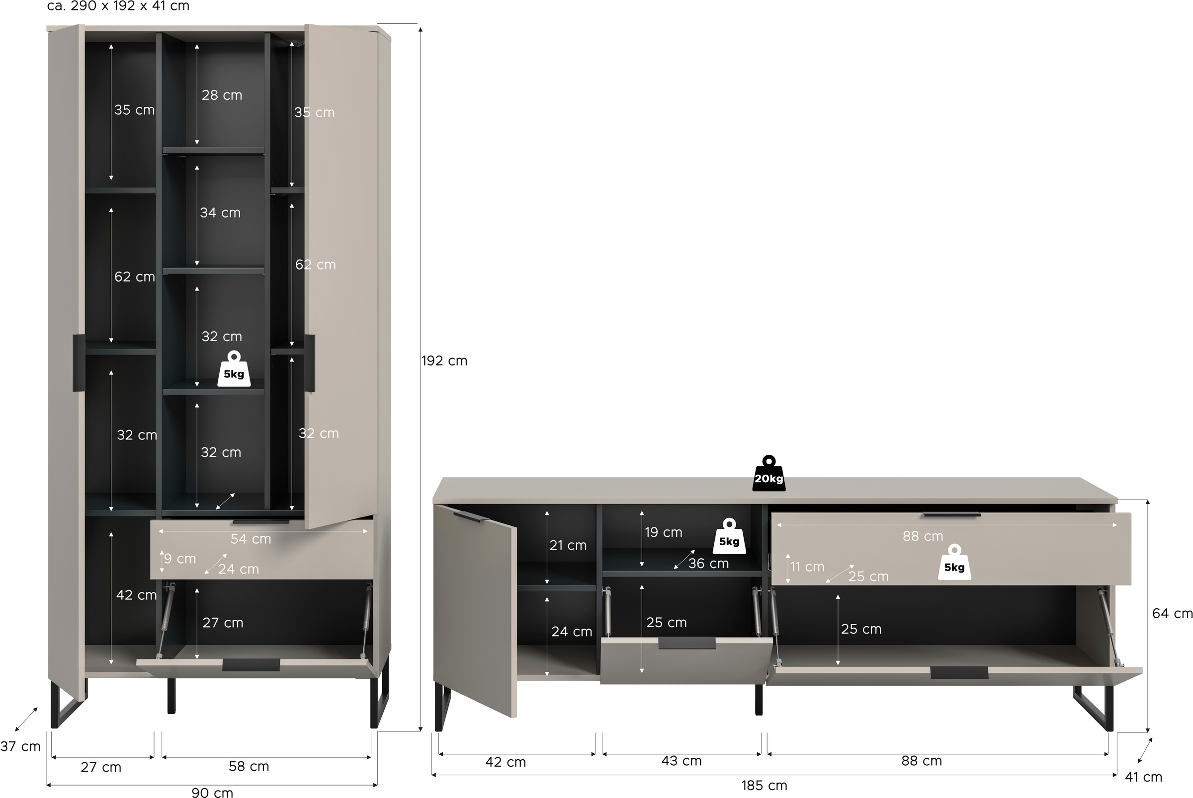 INOSIGN Wohnwand »ADIO, Breite 290 cm, 2-teiliges Set, mit Metall-Kufenfüße« Set, bestehend aus: Mehrzweckschrank und Lowboard, 2 Stk. tlg.