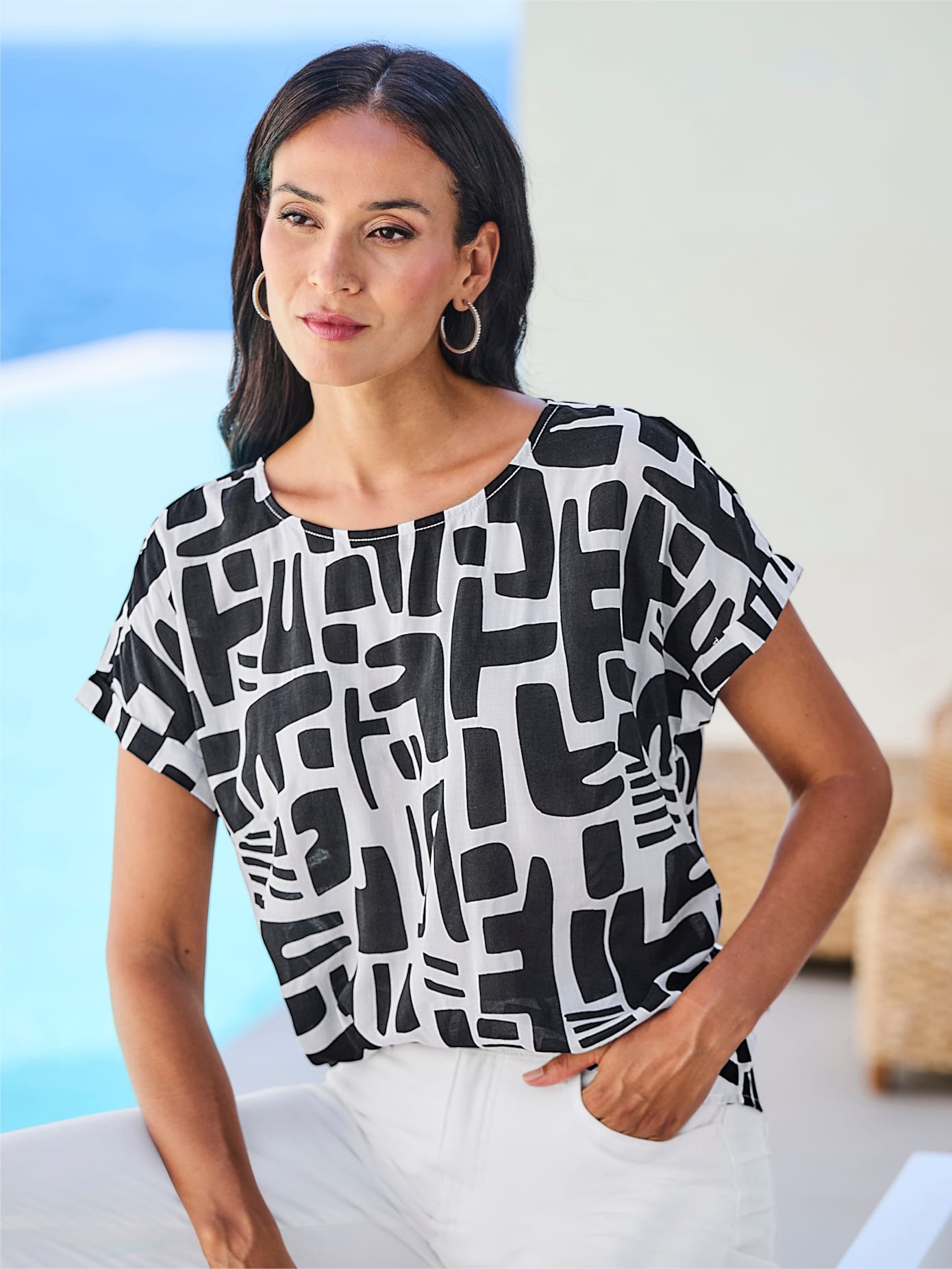 Kurzarmbluse HEINE, Damen, Gr. 38, schwarz, ecru, bedruckt, 100% Modal, bedruckt, gemustert, mehrfarbig, Rundhals, Blusen