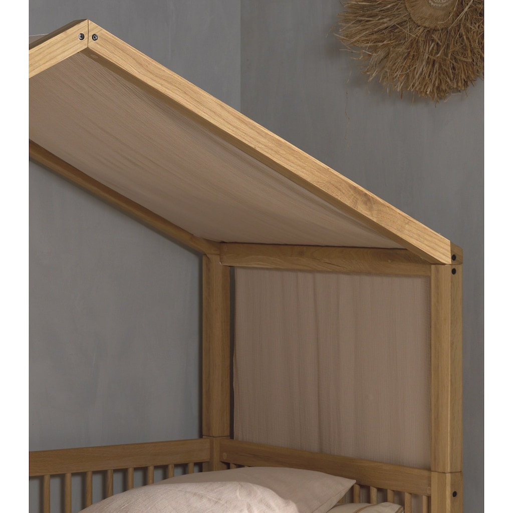 Vipack Hausbett, aus massiver Eiche geölt, LF90x200 cm, m. Textilhimmel, Bettschublade