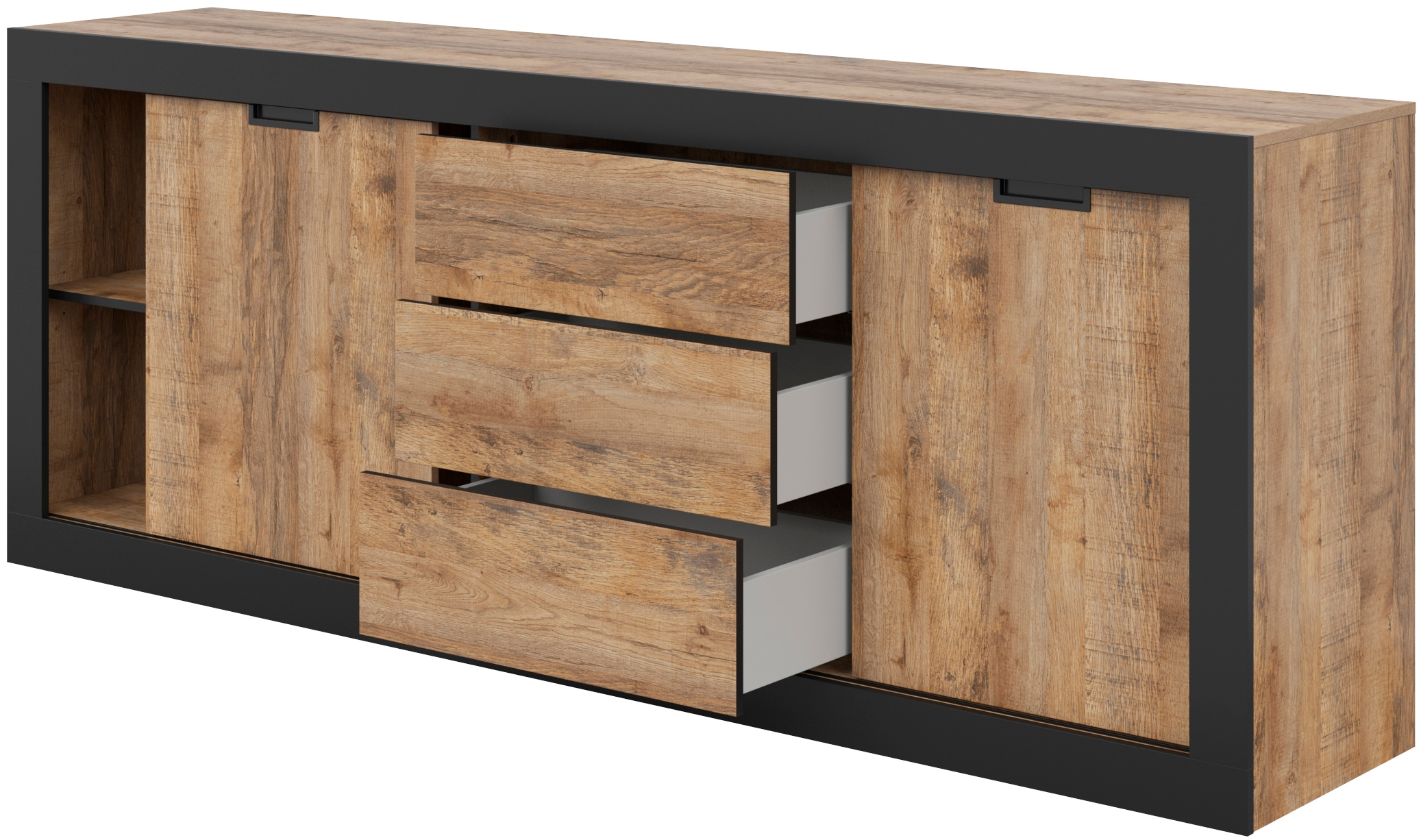 INOSIGN Sideboard »Tudor, Breite 220 cm Aufbewahrungsschrank 2 Schiebetüren/3 Schubkästen«, Anrichte, Kommode Landhausstil viel Stauraum, Einlegeböden verstellbar