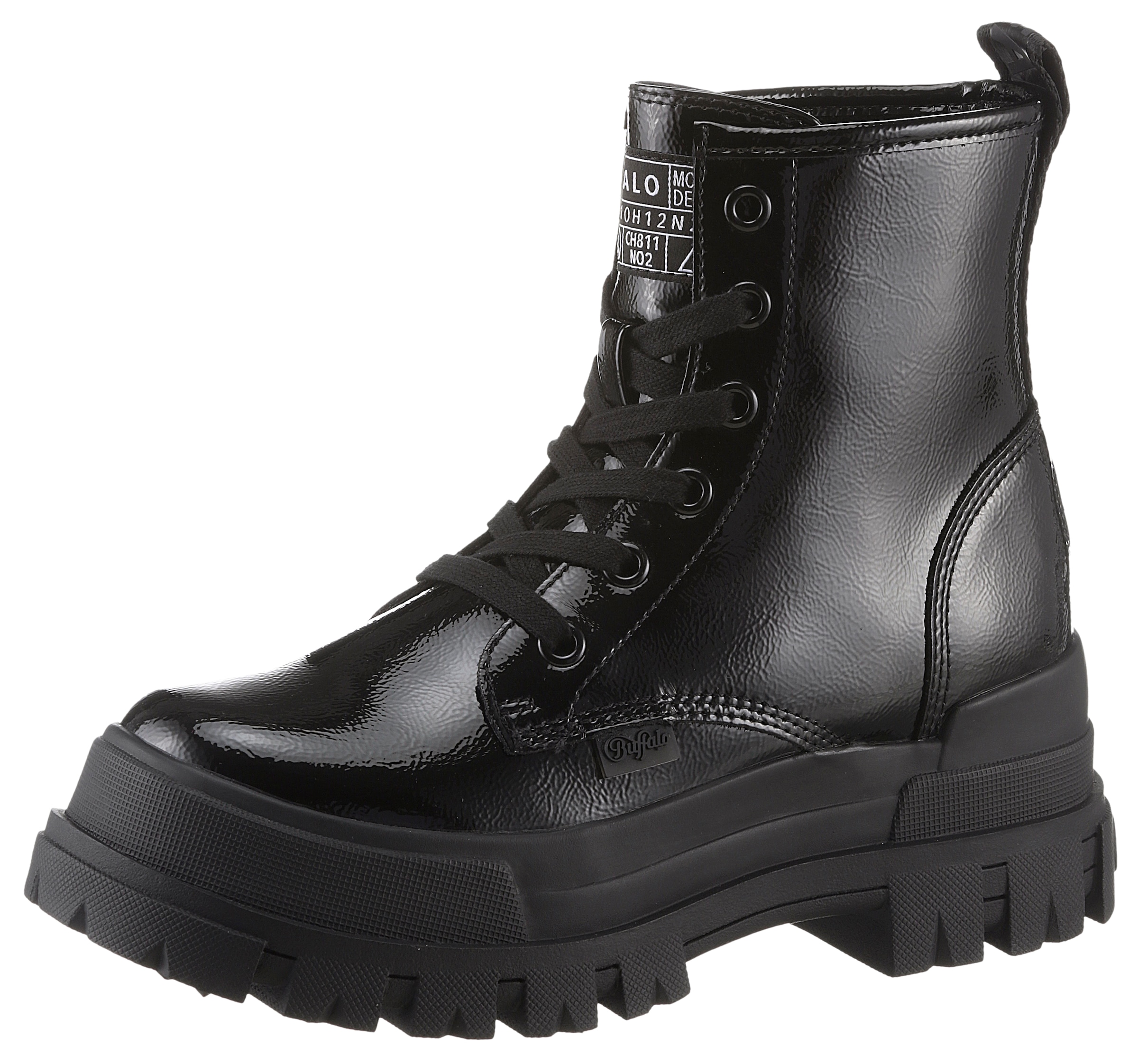 Buffalo Schnürboots "ASPHA RLD VEGAN", Schnürstiefelette, Plateaustiefelette, Blockabsatz, in Lack-Optik