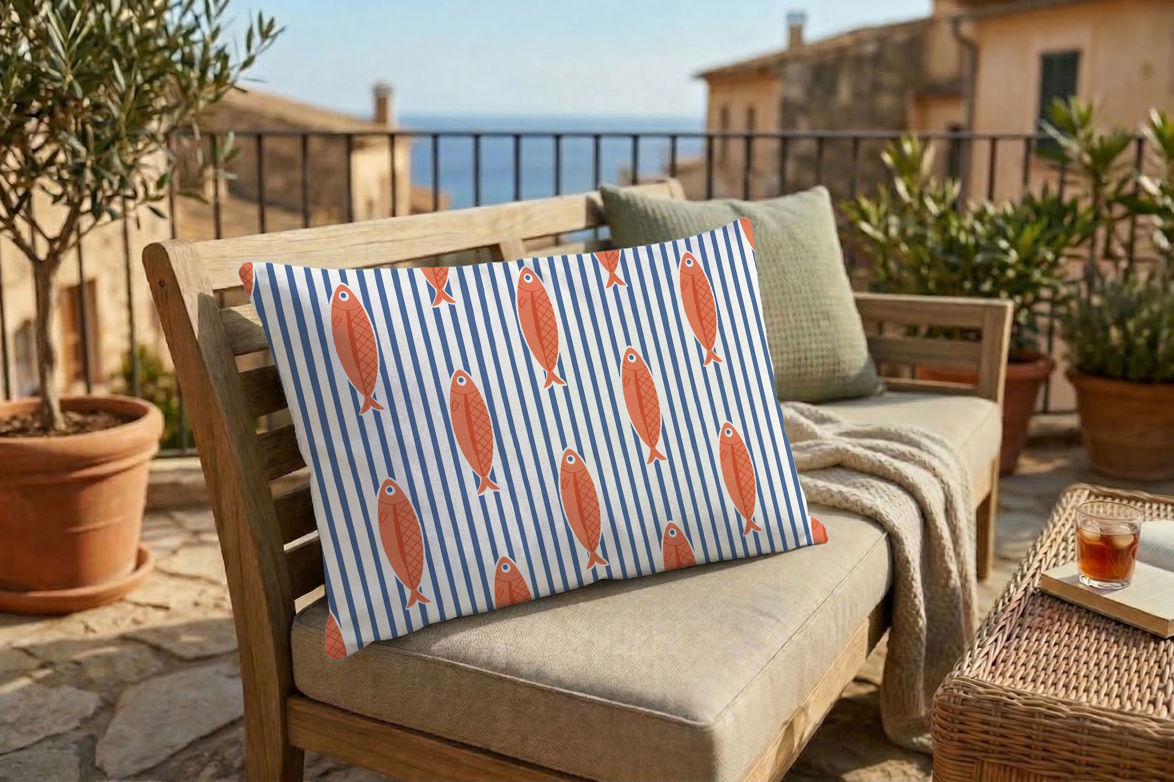 queence Dekokissen »Fische gestreift« Premium Outdoor Kissenbezug; Format: 60x40 cm