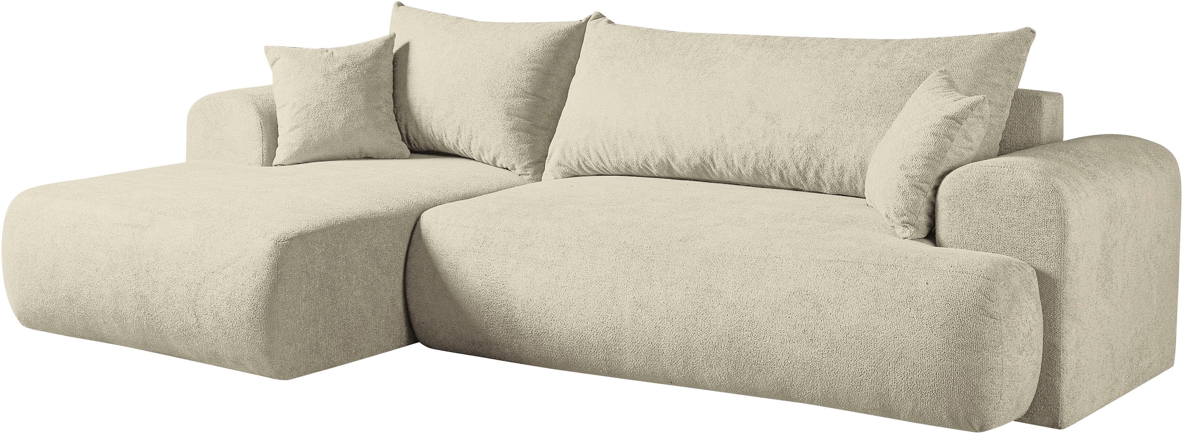 WERK2 Ecksofa »Ewela 265 cm breit organisches Design & Komfort, mit Bett & Bettkasten« Bouclé, L-Form, Schlaffunktion, Bettkasten