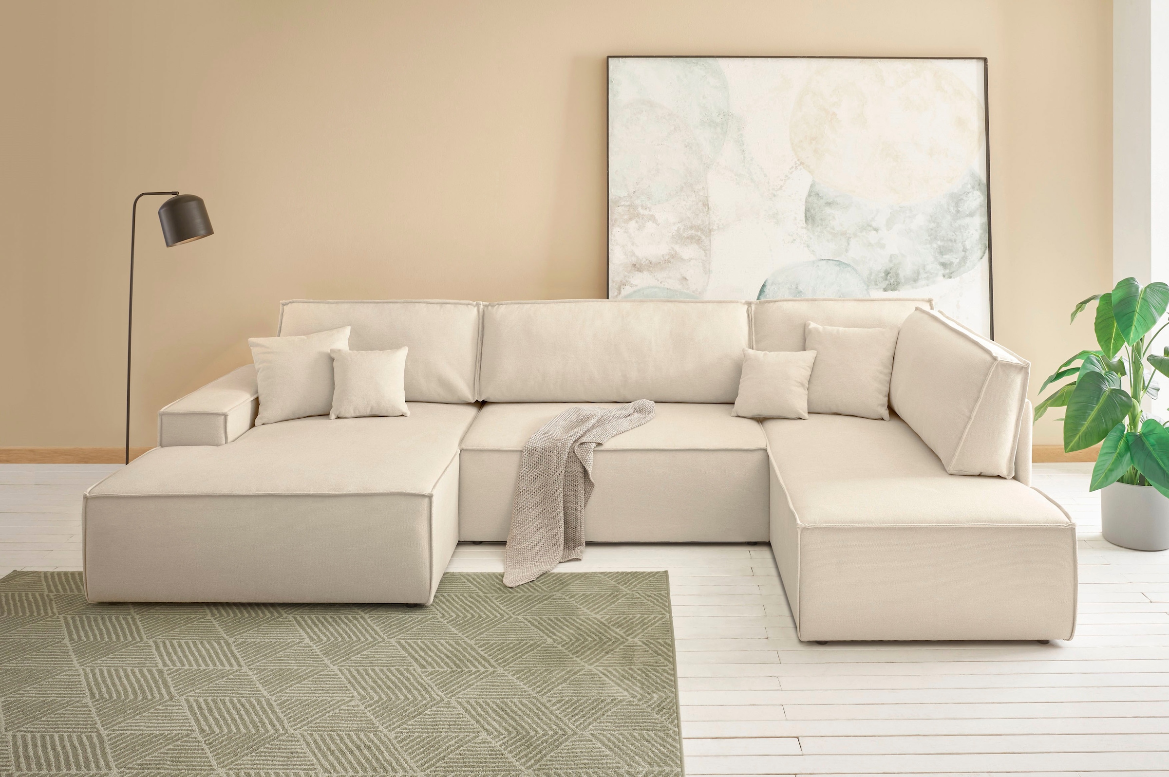 andas Wohnlandschaft »FINNLEY U-Form XXL 329 cm, Schlafsofa, Schlaffunktion m. Bettkasten«, (194/139 cm), Bouclé u. Struktur