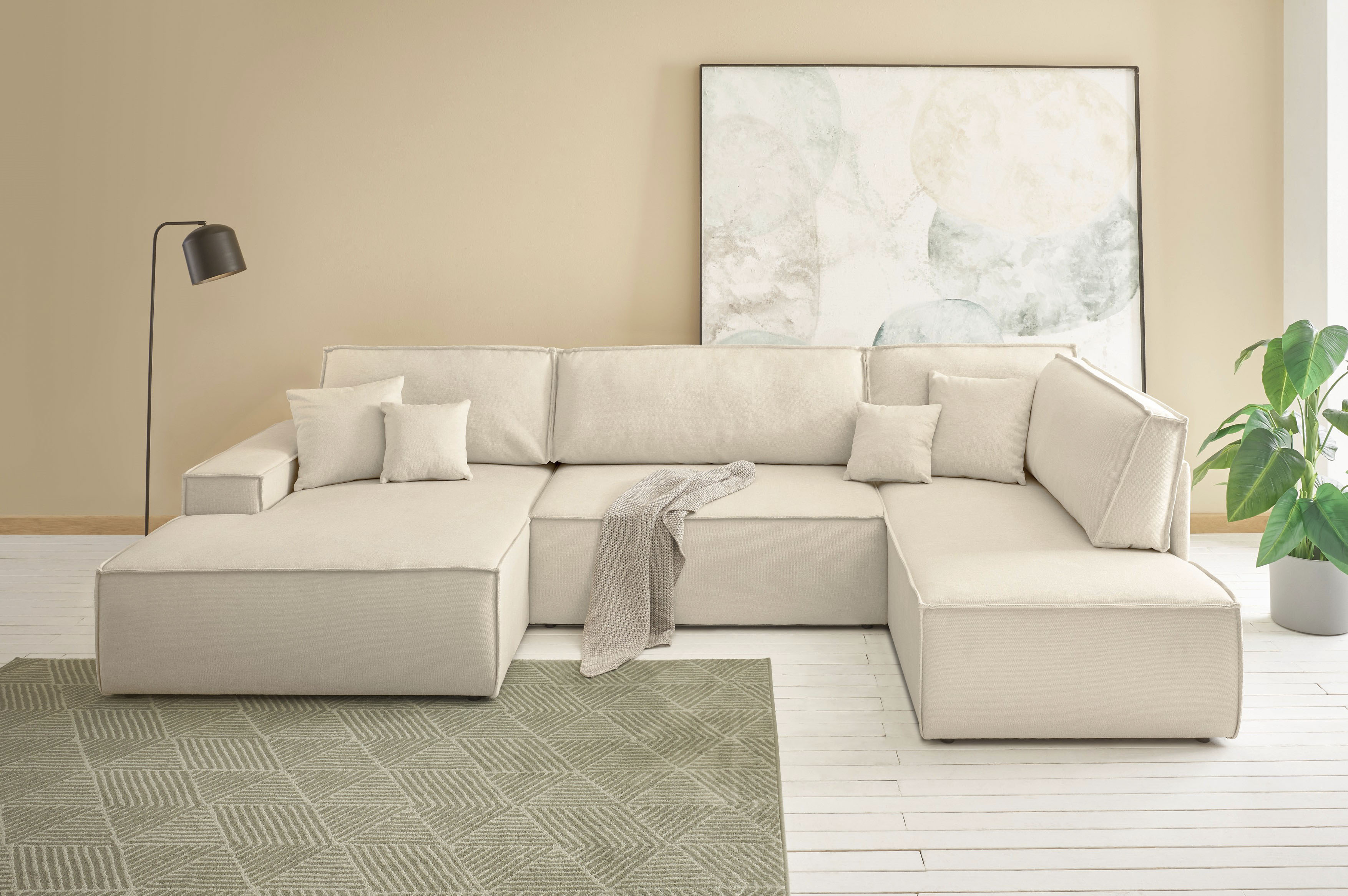 OTTO home Wohnlandschaft "FINNLEY Strurktur fein U-Form XXL 329 cm" Schlafsofa, Bettkasten, in Bouclé, Struktur fein und Mega Cord