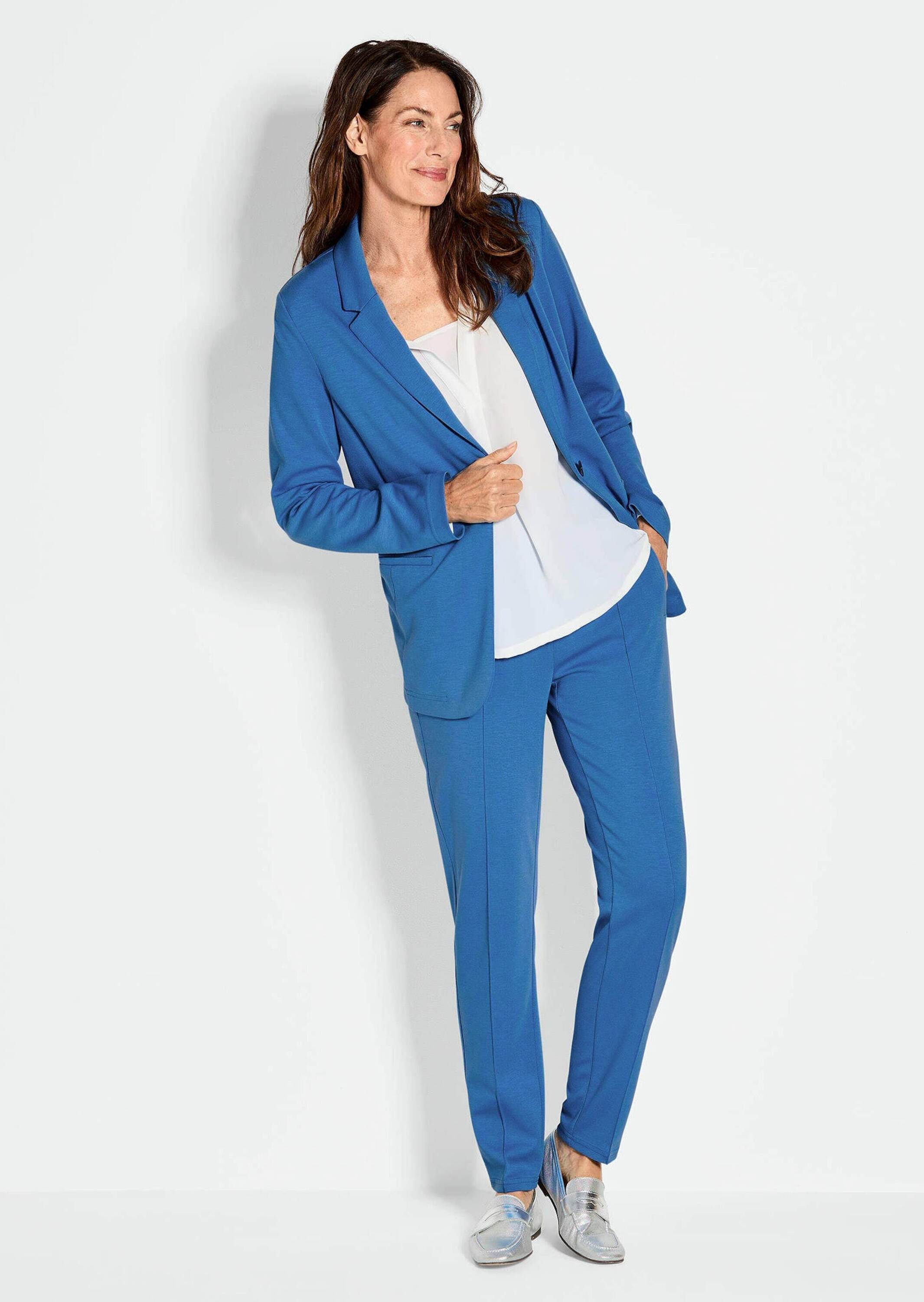 Jackenblazer GOLDNER "Damenblazer mit Reverskragen und Paspeltaschen", Damen, Gr. 40, grün (blau), Obermaterial: 48% Polyamid PA. 40% Viskose CV. 12% Elasthan EL., Gerade, Blazer, mit formgebenden Teilungsnähte 3