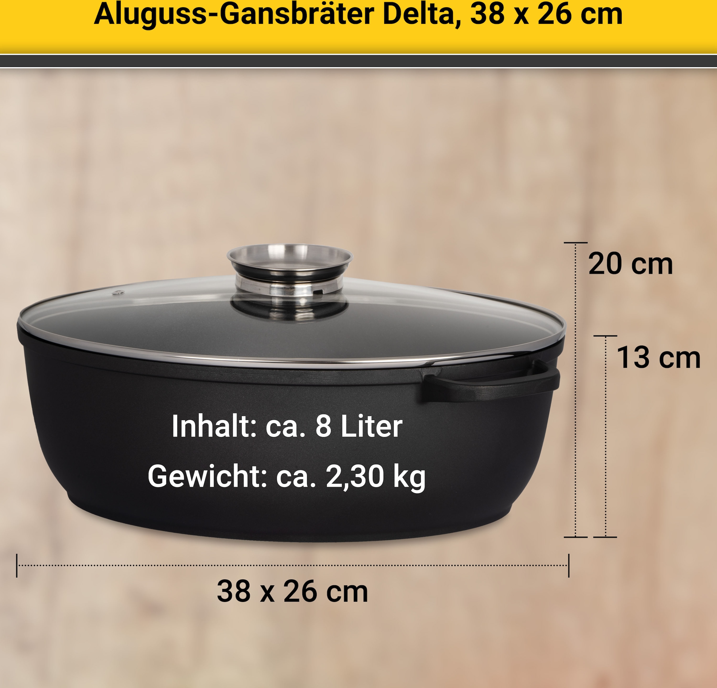 Krüger Bräter »Aluguss Gansbräter mit Glasdeckel und Aromaknopf DELTA, 38x26x13 cm«, Aluminiumguss, (1 tlg.), für Induktions-Kochfelder geeignet