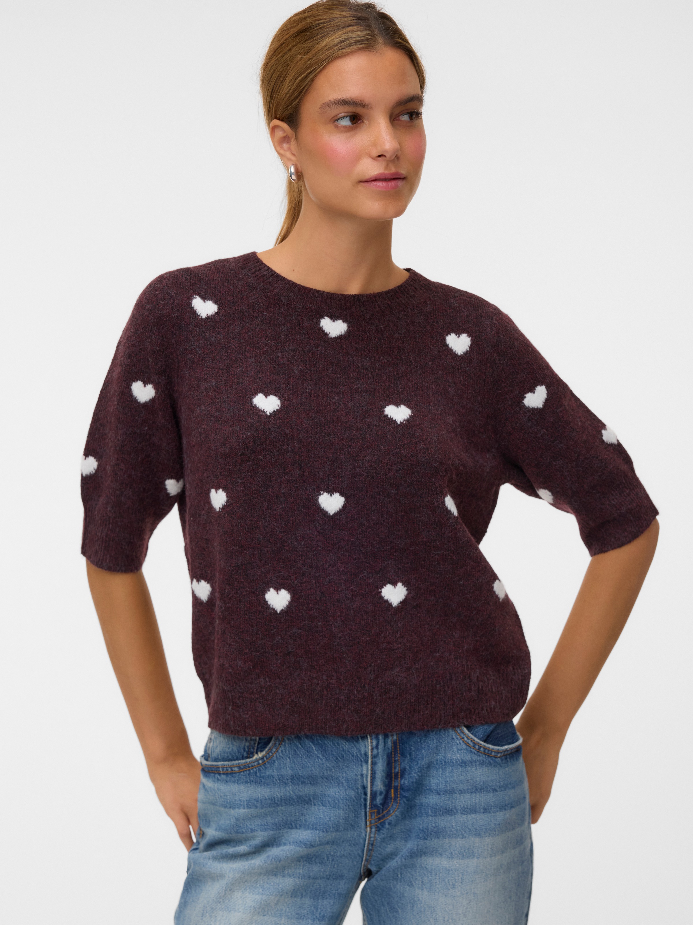 Vero Moda Kurzarmpullover "Vmdoffy Intarsia 2/4 O-Nk Pullov Ga Noos" Materialmix, Stretch, Regular Fit