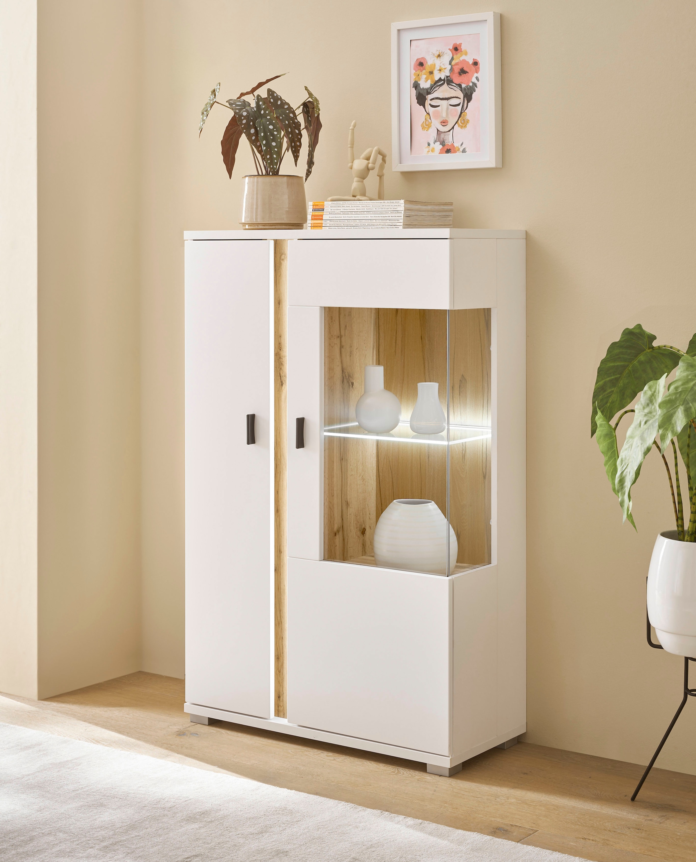 Home affaire Vitrine "LONG ISLAND, Stauraumvitrine" 1 Stk. tlg. in moderner Trendfarbe,inklusive senkrechter Beleuchtung,Breite 80 cm