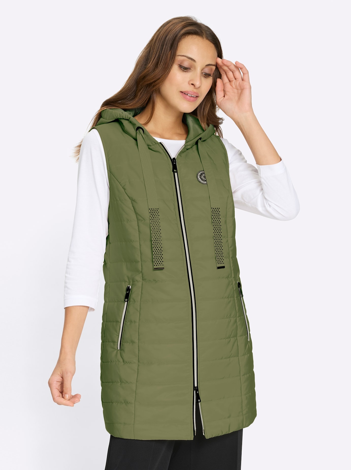 INSPIRATIONEN Damen Longwesteoliv, Gr. 40, unifarben, 100% Polyester, Westen