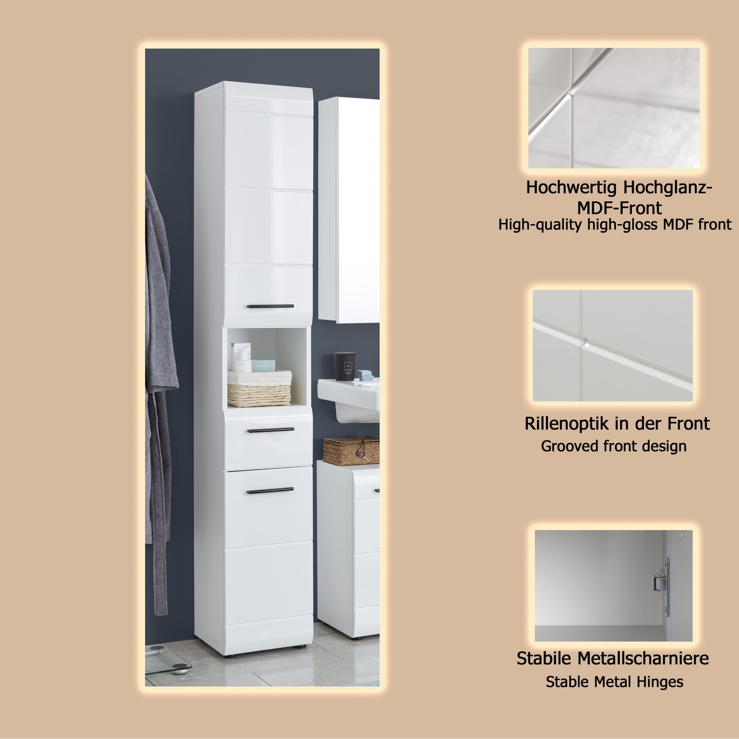 welltime Hochschrank »Sovana«, Badschrank mit einer Schublade und 5 Fächern - (B/T/H) 30/31/182 cm