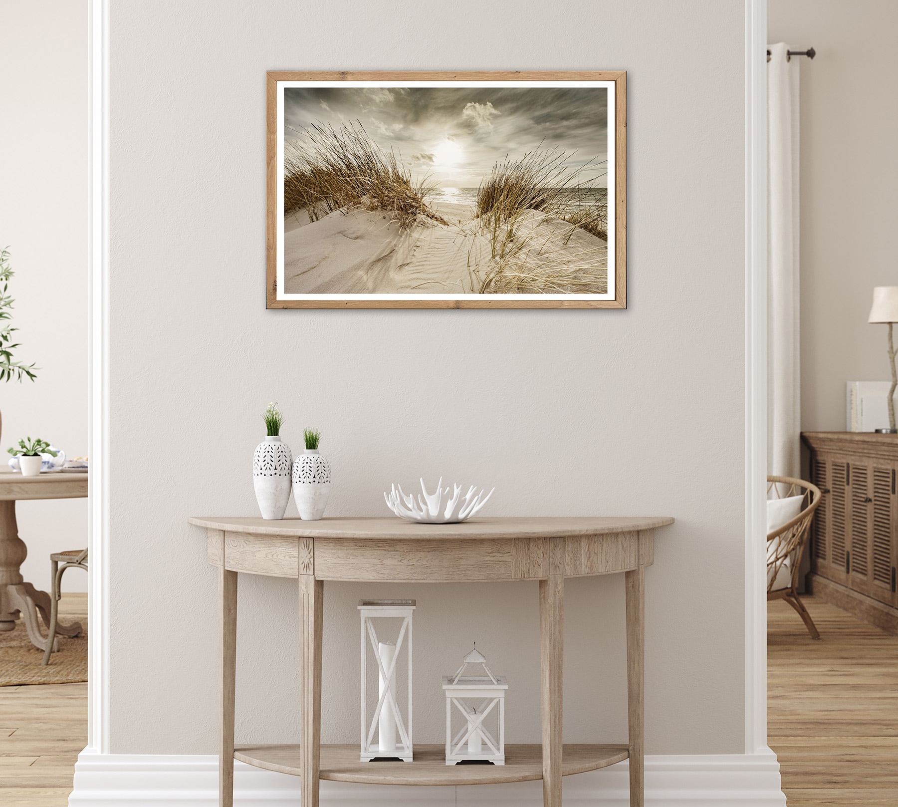 Bönninghoff Bild mit Rahmen »Wandbild gerahmt STRANDSONNE 50x70 cm – Maritime Wanddeko Dünen« Düne | Gräser | Küste | Landschaft | Meer | Natur | Sonnenaufgang & -untergang | Strand 1 Stk. tlg. mit dekorativem Rahmen