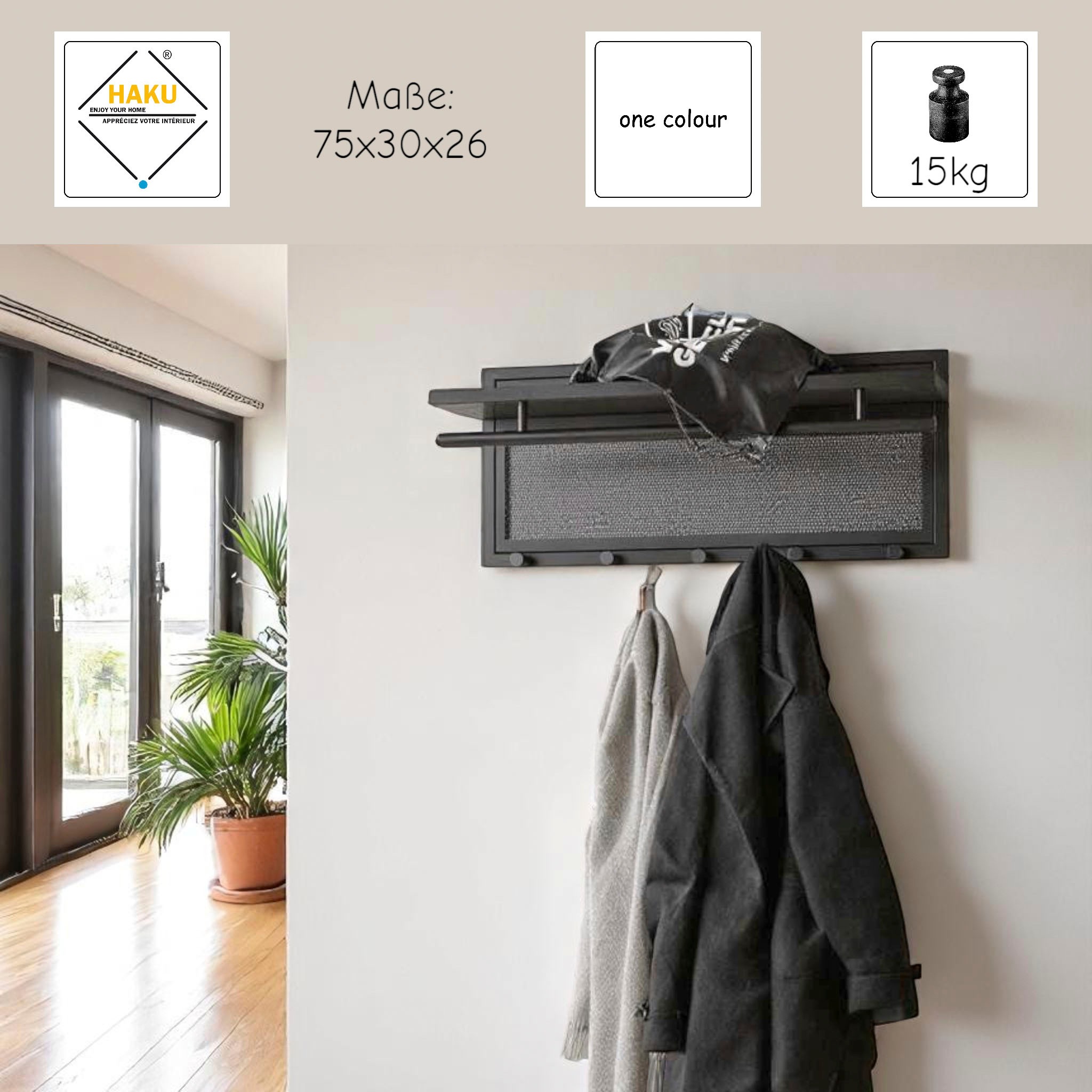 HAKU Wandgarderobe »Wandgarderobe« 1 Stk. tlg. rechteckig- aus Textil Grau - B/T/H 60/50/173 cm
