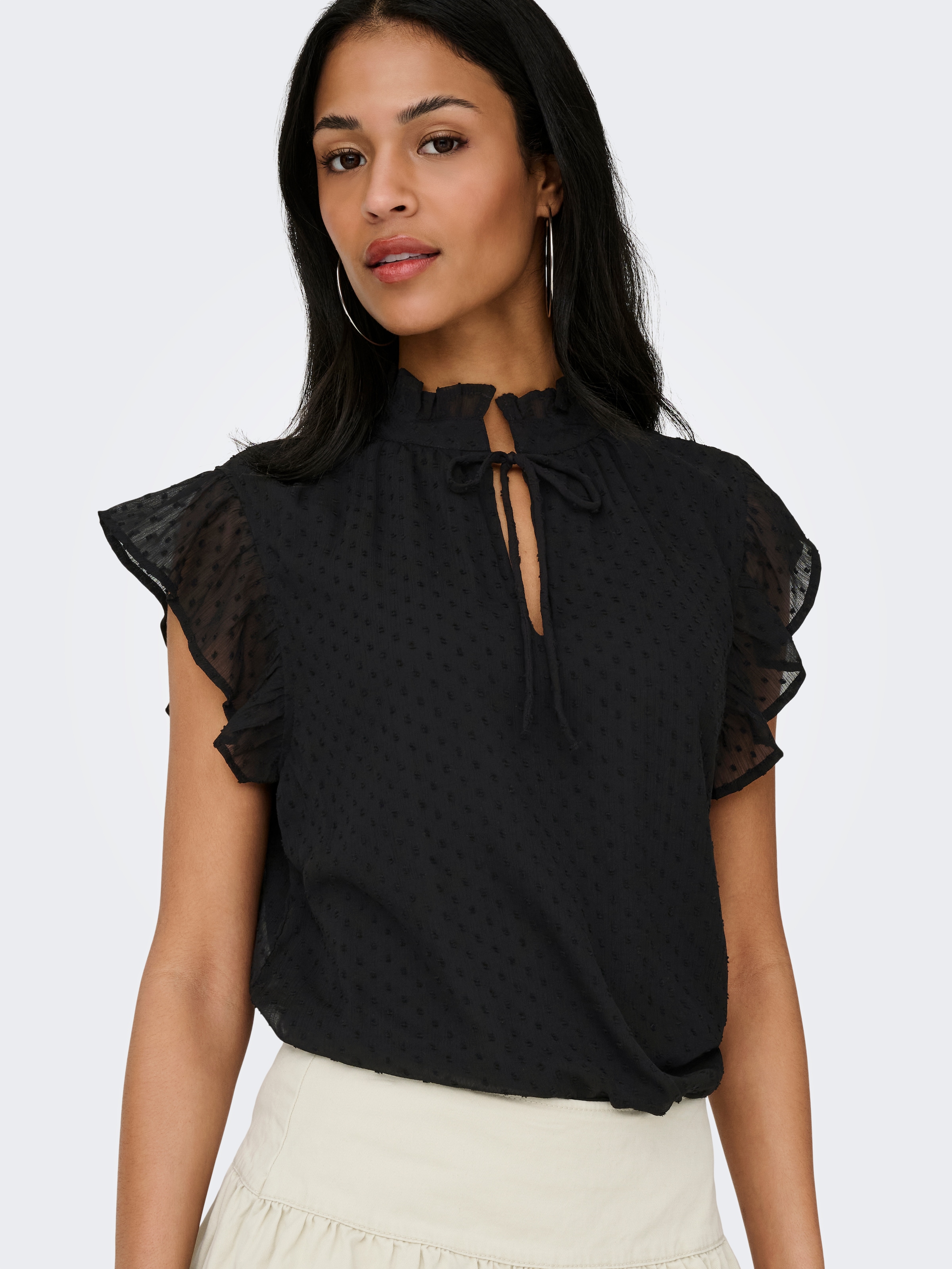 ONLY Spitzenbluse "ONLLANDAU DOBBY FRILL V-NECK TOP WVN" Kunstfaser