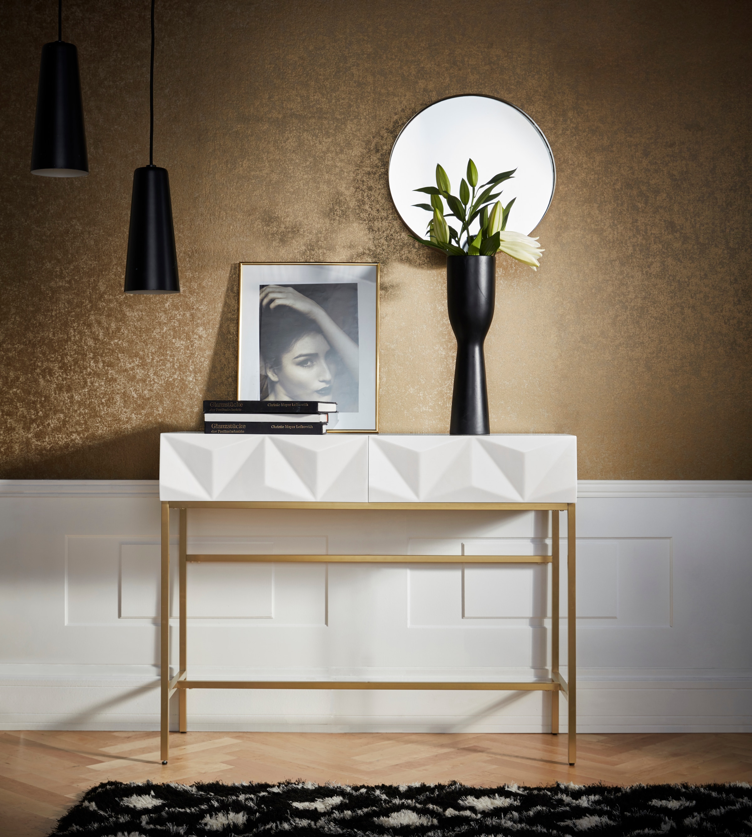 Leonique Sideboard »Minfi«, in 3D-Optik, Konsolentisch mit goldfarbenem Metallgestell