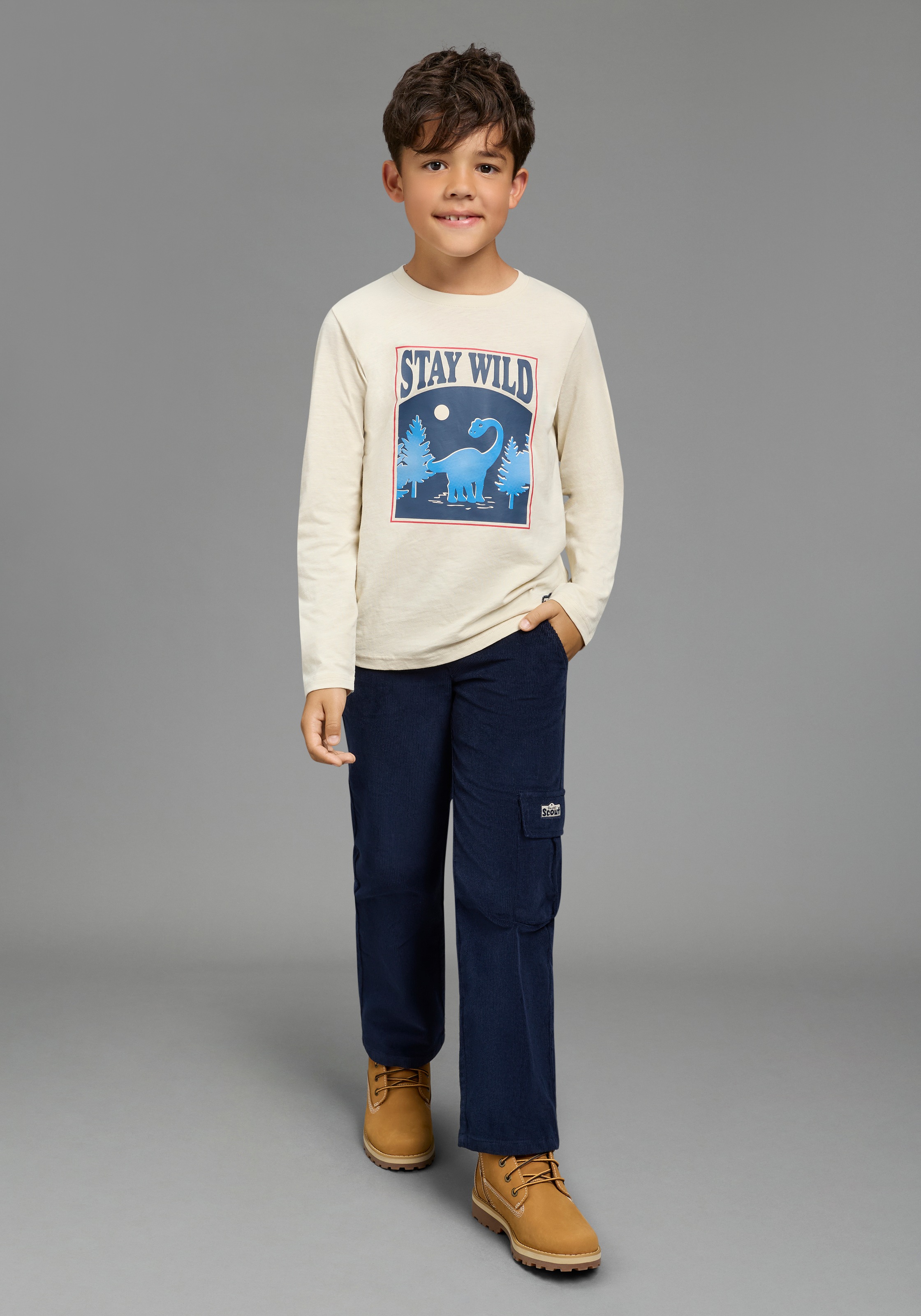 Scout Langarmshirt »Shirt mit coolem Dino-Print, modisches Melangegarn« mit Spruch: STAY WILD, mit Langarm, modischer Basic-Schnitt
