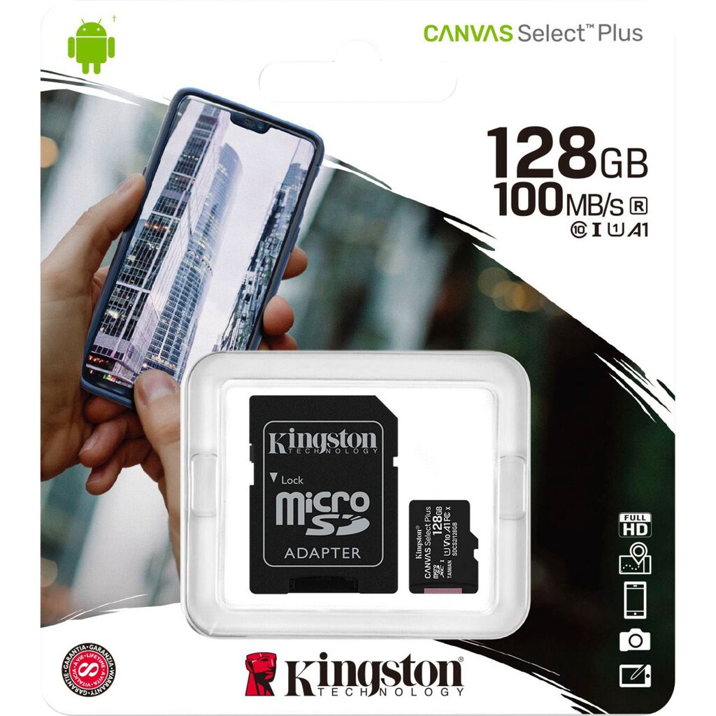 Kingston Speicherkarte »Canvas Select Plus microSD 128GB + ADP«, (UHS-I Class 10 100 MB/s Lesegeschwindigkeit)