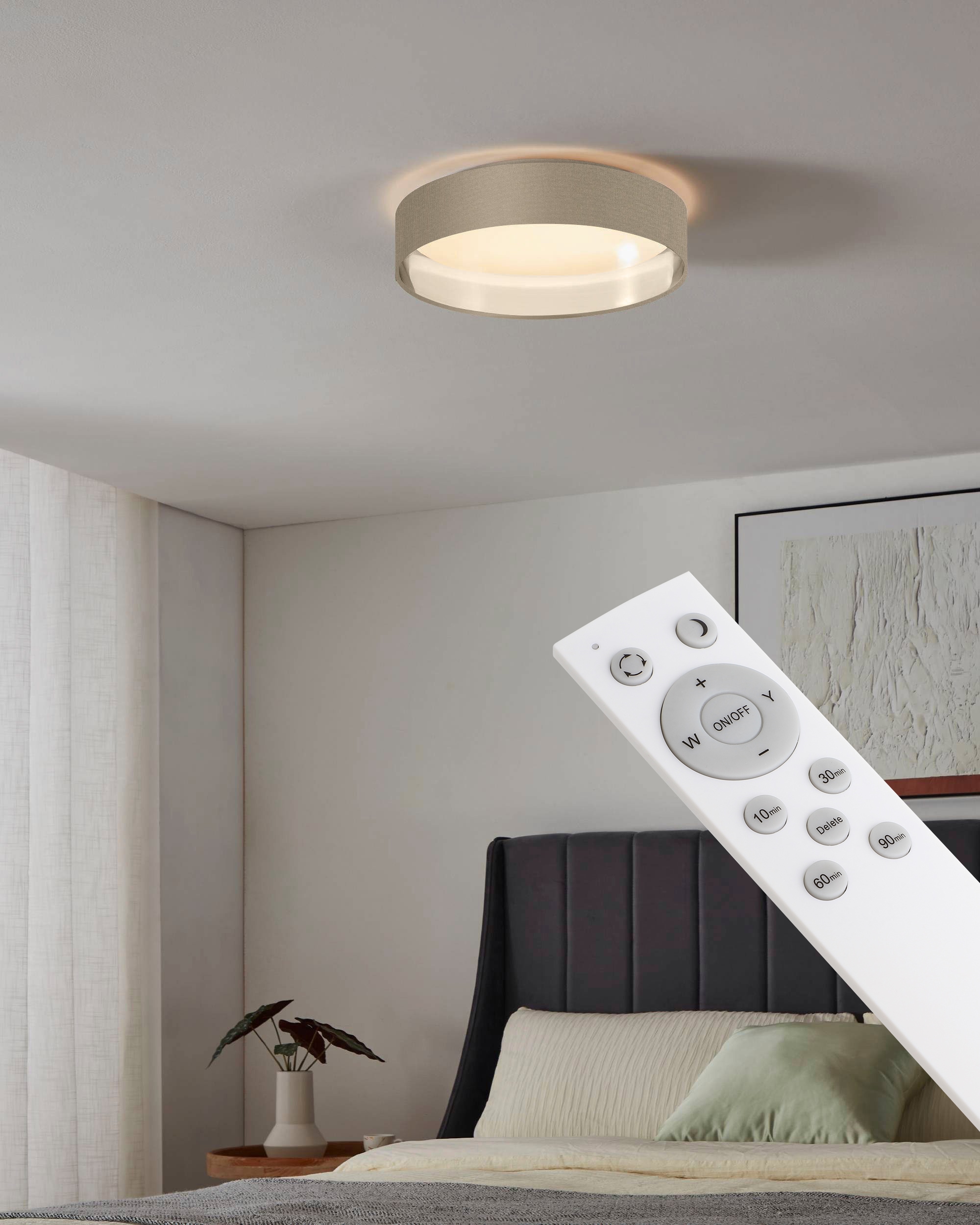 Leonique LED Deckenleuchte »Juria«, 1 flammig, Leuchtmittel LED-Modul | LED fest integriert, Deckenlampe Ø38 x H9 cm mit Textil-/Stoffschirm, CCT, Fernbedienung