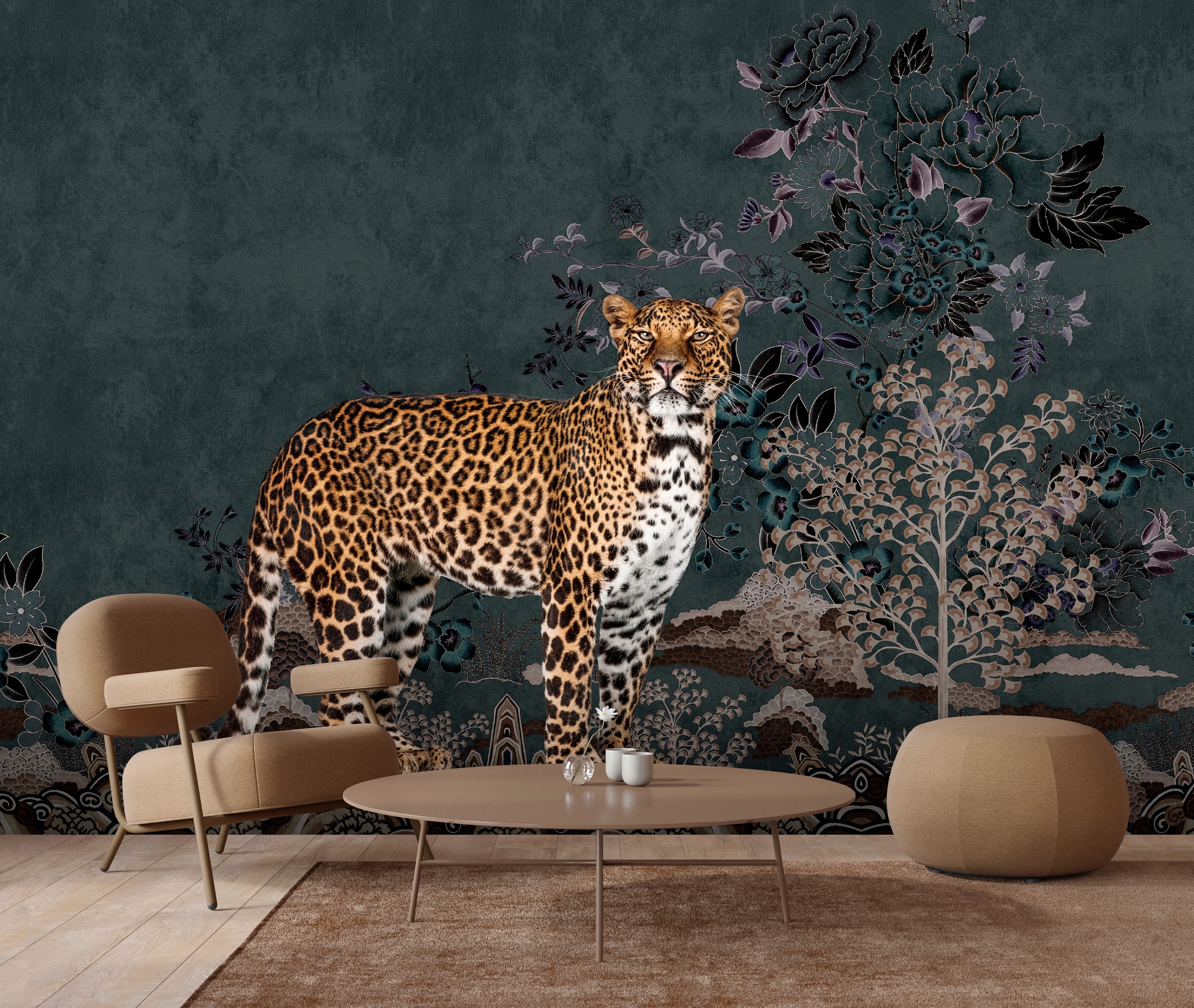living walls Vliestapete "Leoparden-Tapete exotisch Dunkelgrün Braun Floral" matt glatt