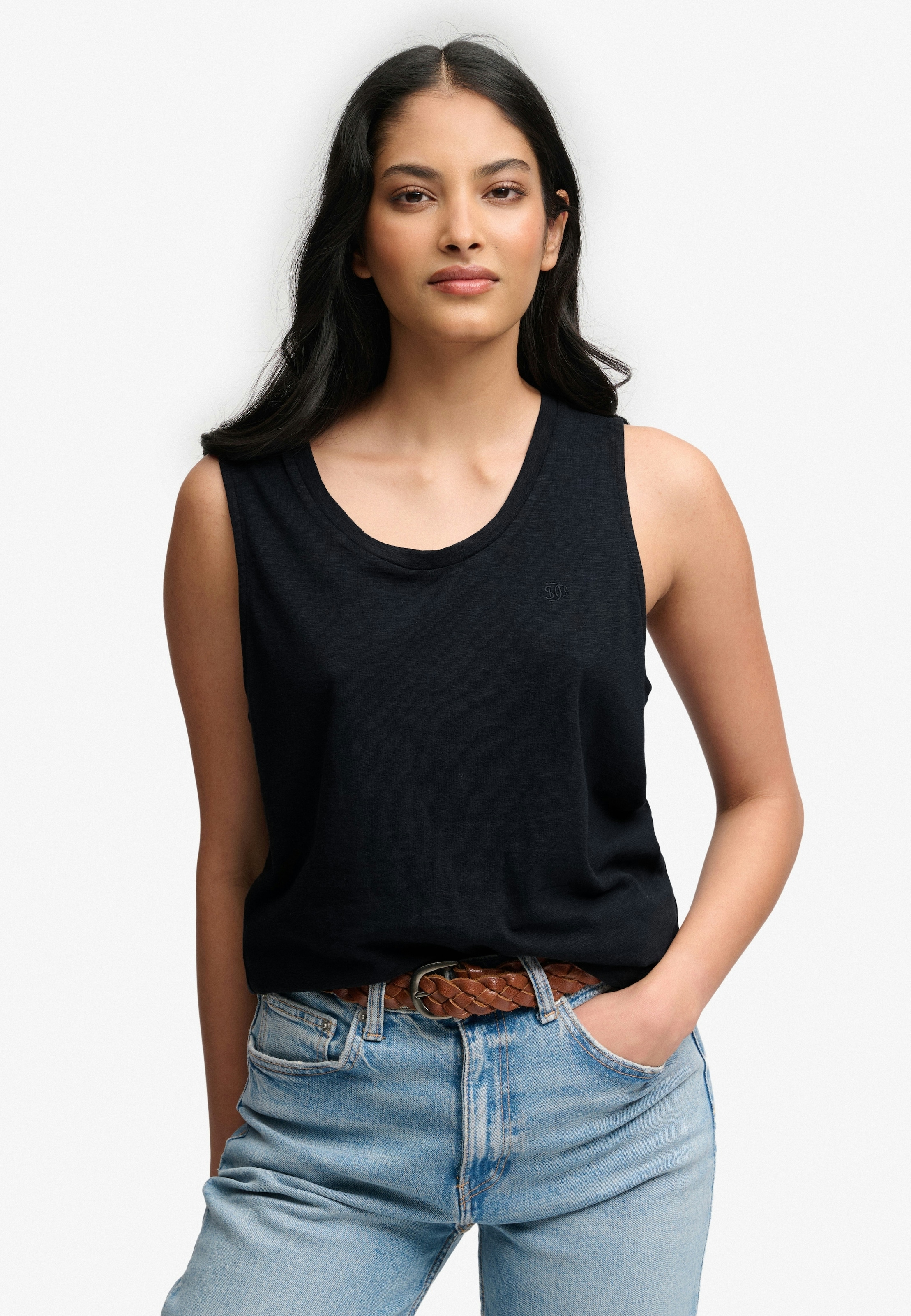 Tanktop SUPERDRY "SCOOP NECK TANK", Damen, Gr. M, eclipse navy, Jersey, Obermaterial: 60% Baumwolle, 40% Lyocell, unifarben, regular fit normal, Rundhals, Tops Tanktop, Baumwollmischung, regular fit