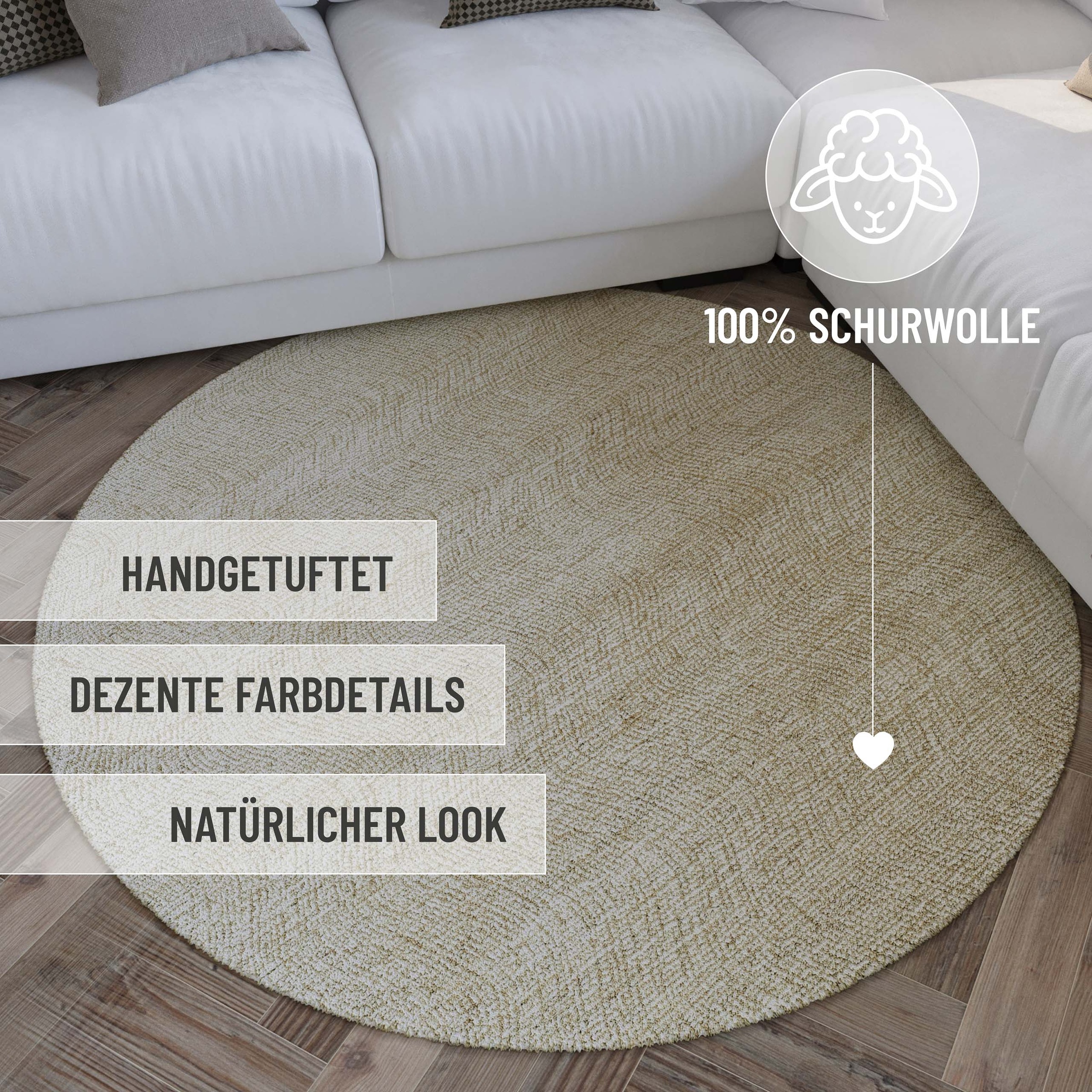 Wecon home Wollteppich »Hamptons THIRTEEN«, rund, 10 mm Höhe, Schurwolle, Kurzflor, Wohnzimmer, Schlafzimmer, elegant, Wellen-Design