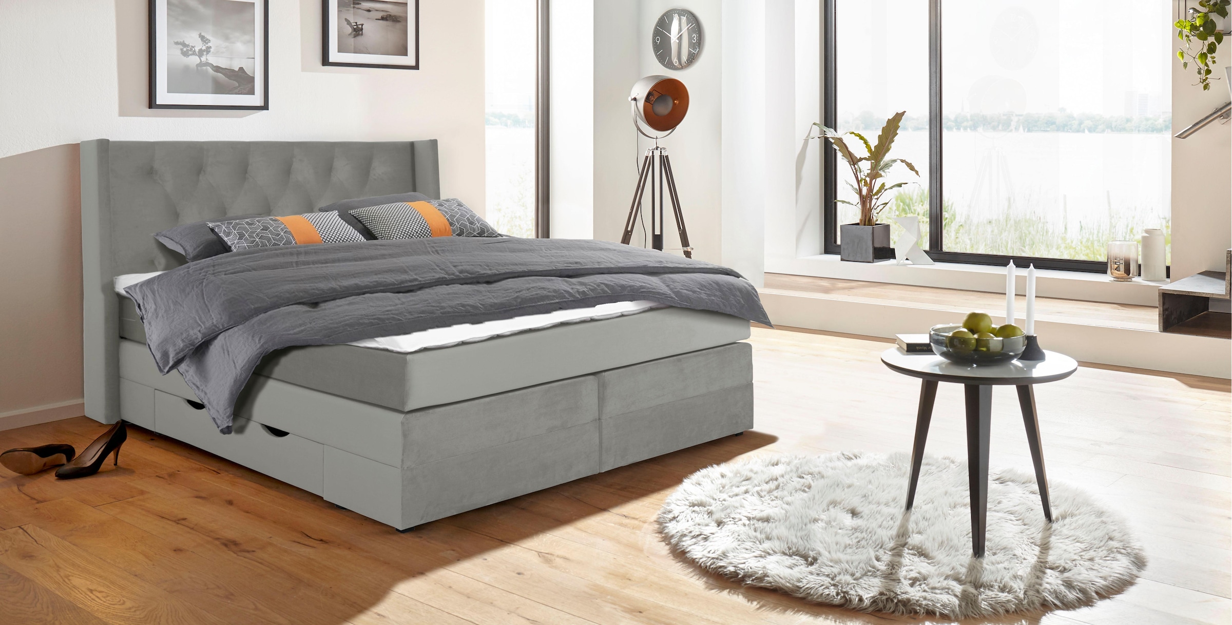Boxspringbett HOME AFFAIRE "Elegance", grau, B:161cm L:210cm, Samtoptik (100% Polyester);Struktur (100% Polyester), Komplettbetten, Boxspringbett, mit schöner Knopfheftung, in den Härtegraden H2 & H3, inkl. Schubladen 7