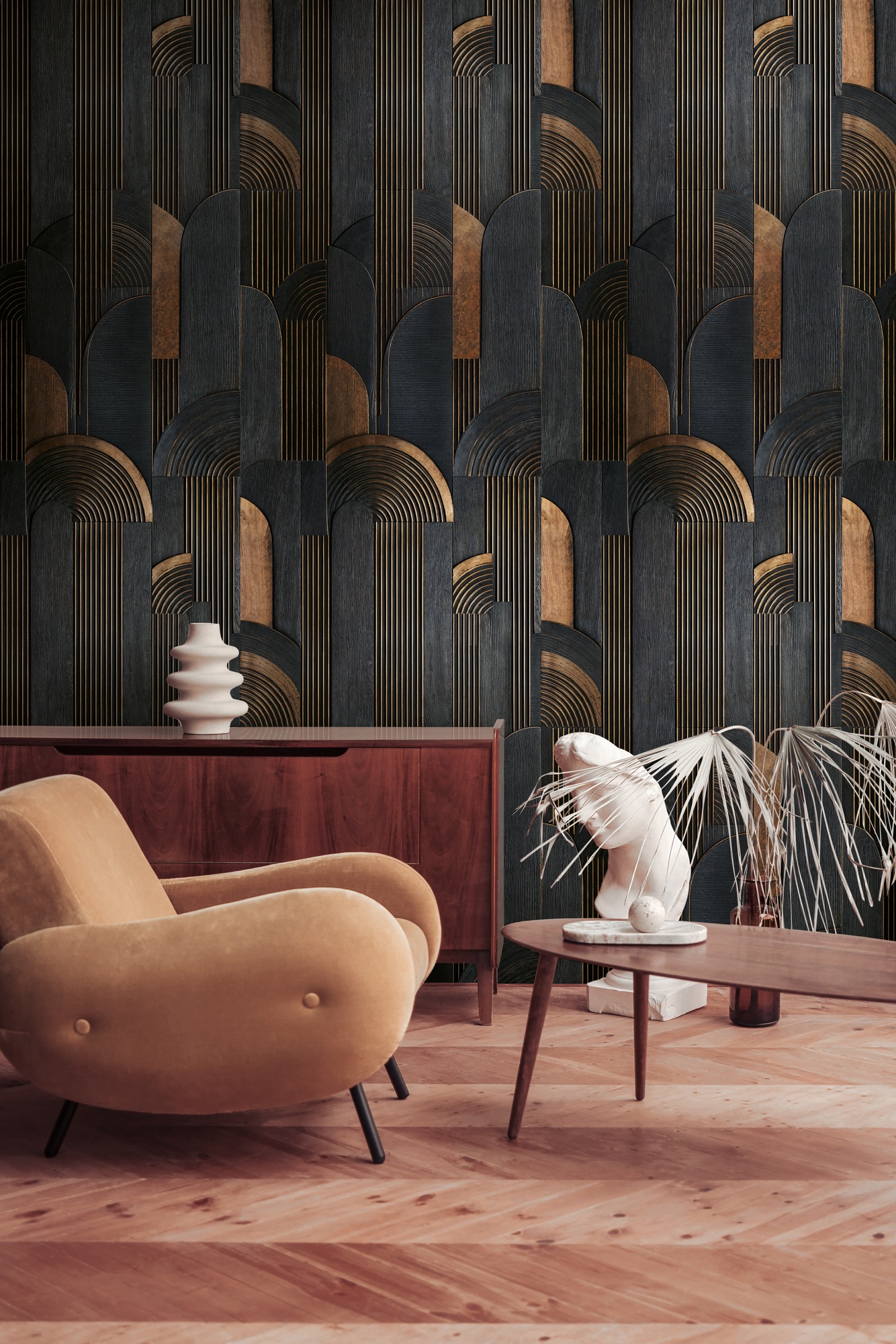 living walls Vliestapete »Vibes & Styles Aurelio – Deco Layers Fototapete« abstrakt leicht strukturiert Geometrisches Art-Déco Design mit Linien und stilvollem Tiefeneffekt