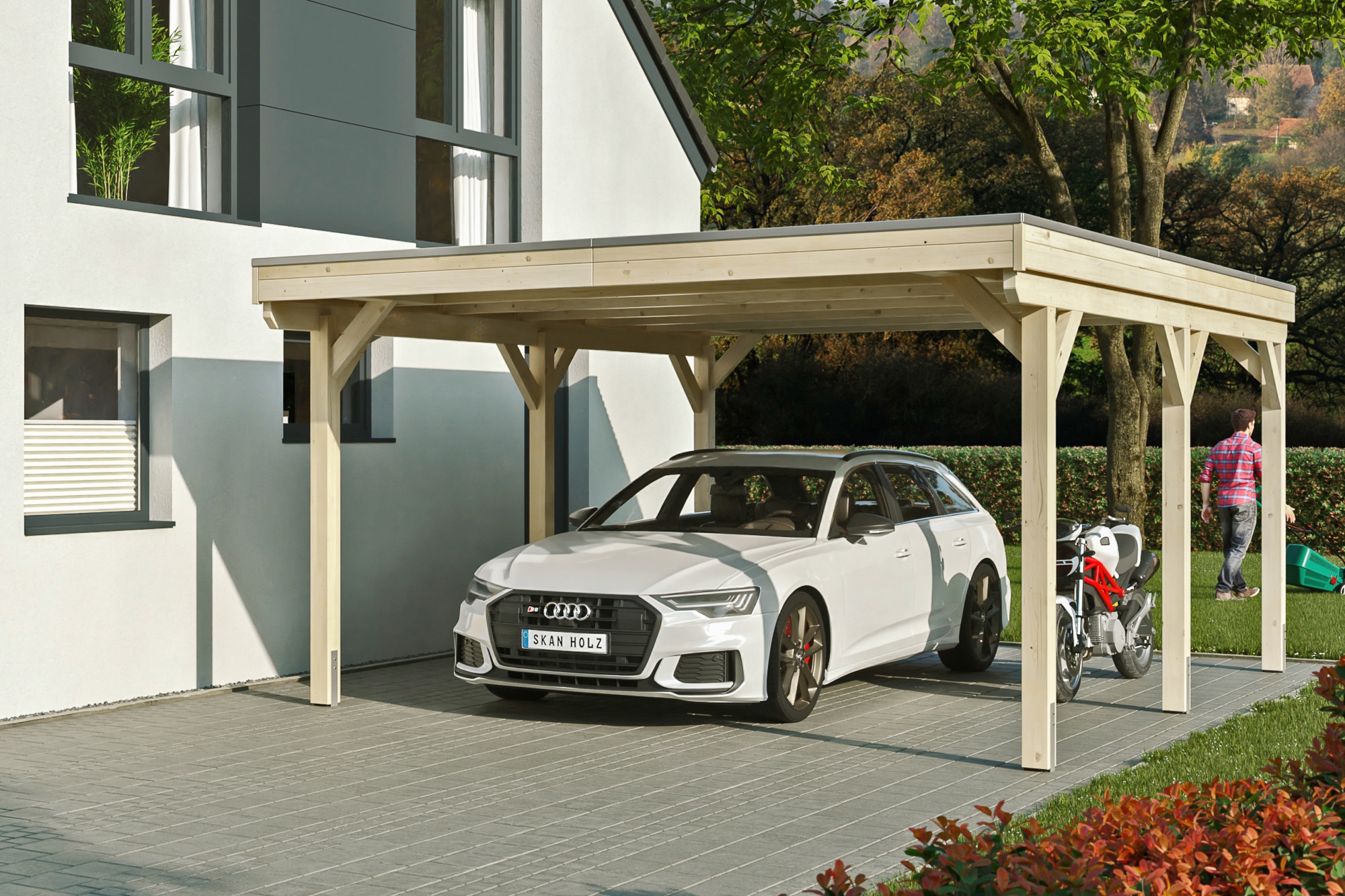 Skanholz Einzelcarport "Grunewald", Leimholz-Nordisches Fichtenholz, natur, mit Aluminiumdach