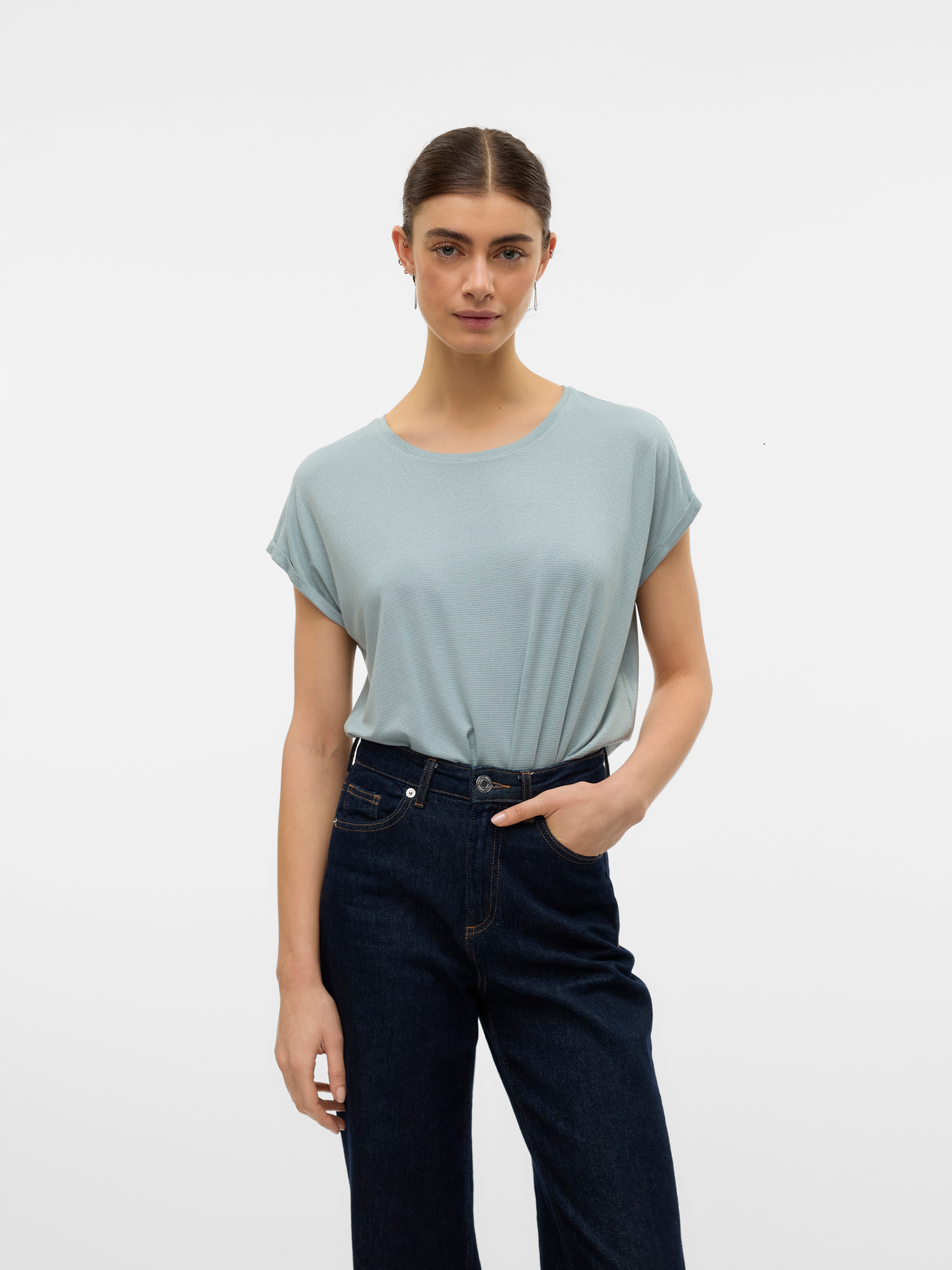 Thumbnail - Vero Moda Rundhalsshirt "VMLAVA PLAIN SS TOP LUREX STRIPE" Viskosemischung, loose fit