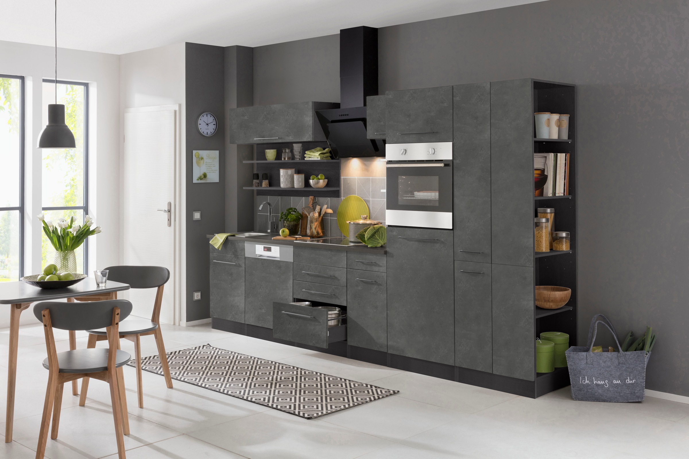 KOCHSTATION Küchenzeile »KS-Tulsa«, ohne E-Geräte, Breite 300 cm, schwarze Metallgriffe, MDF Fronten