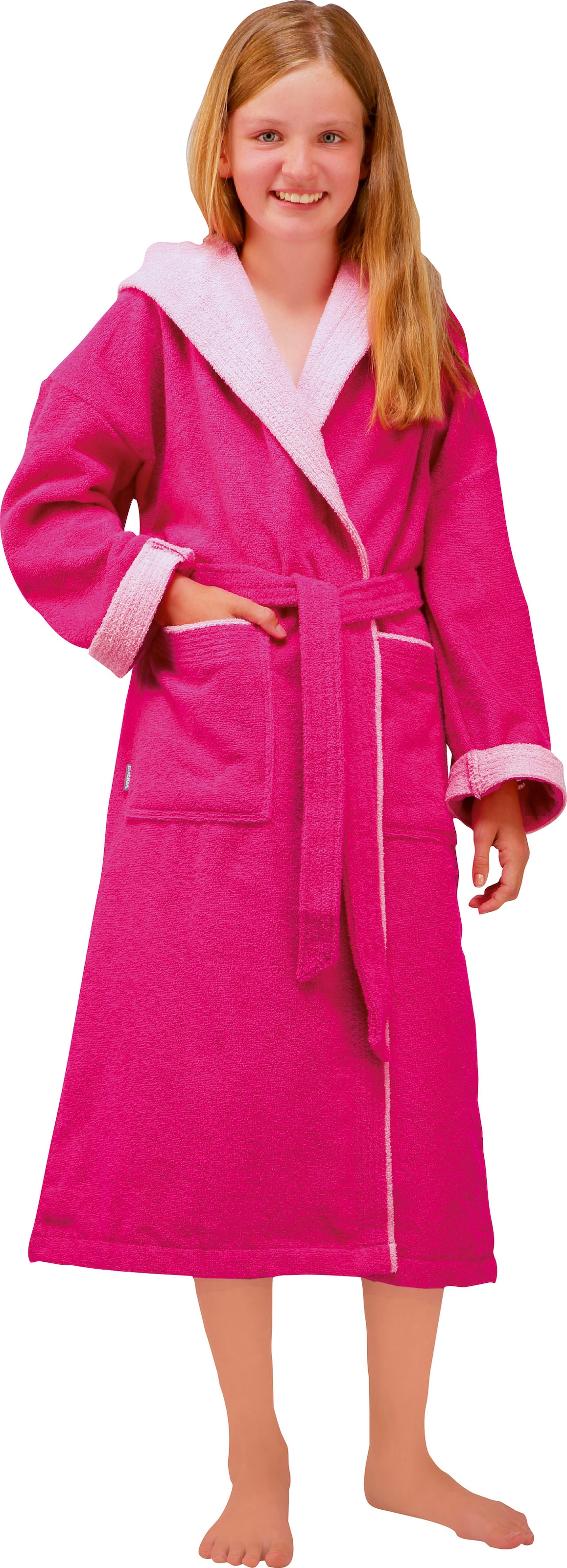 Kinderbademantel EGERIA, L:90cm, pink, Walkfrottee, Hausmäntel, "Calypso", mit Kapuze, Doubleface Optik, 100 % Baumwolle