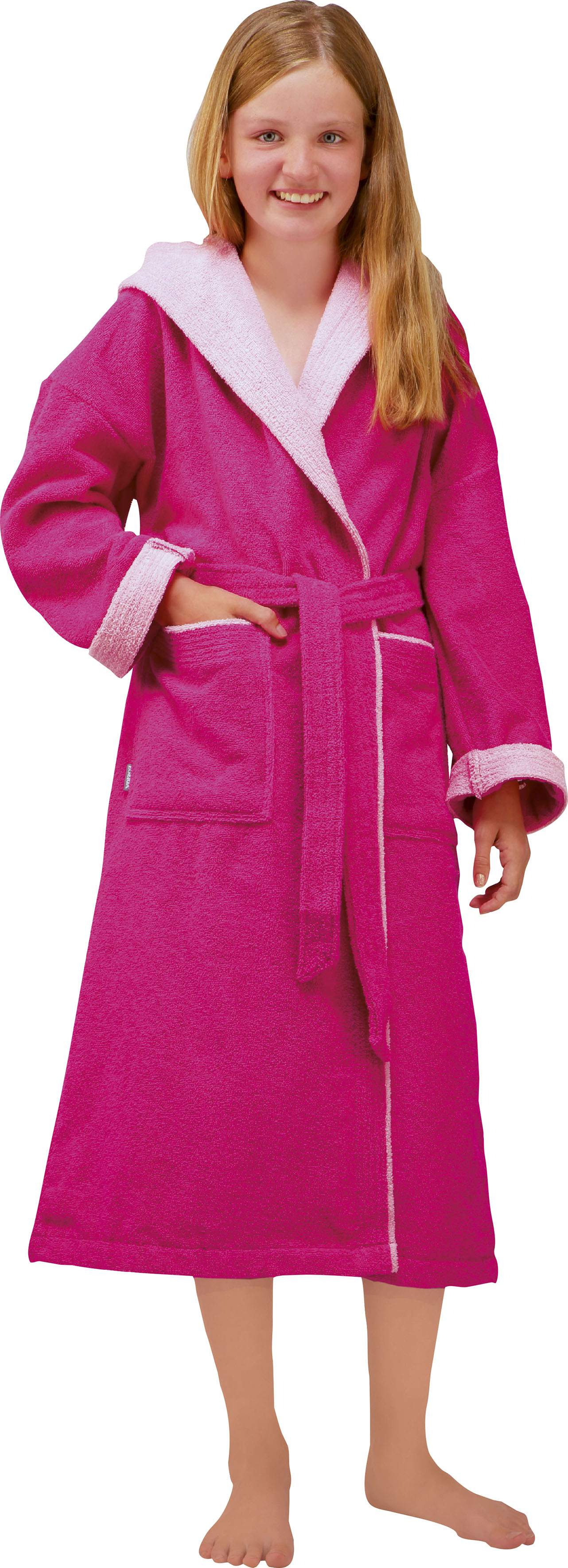 Kinderbademantel EGERIA, L:120cm, pink, Walkfrottee, Hausmäntel, "Calypso", mit Kapuze, Doubleface Optik, 100 % Baumwolle