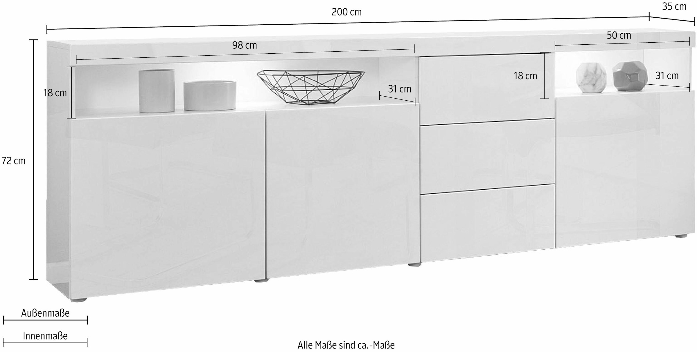 borchardt Möbel Sideboard »Kapstadt«, Breite 200 BAUR mit | 3 Schubkästen cm