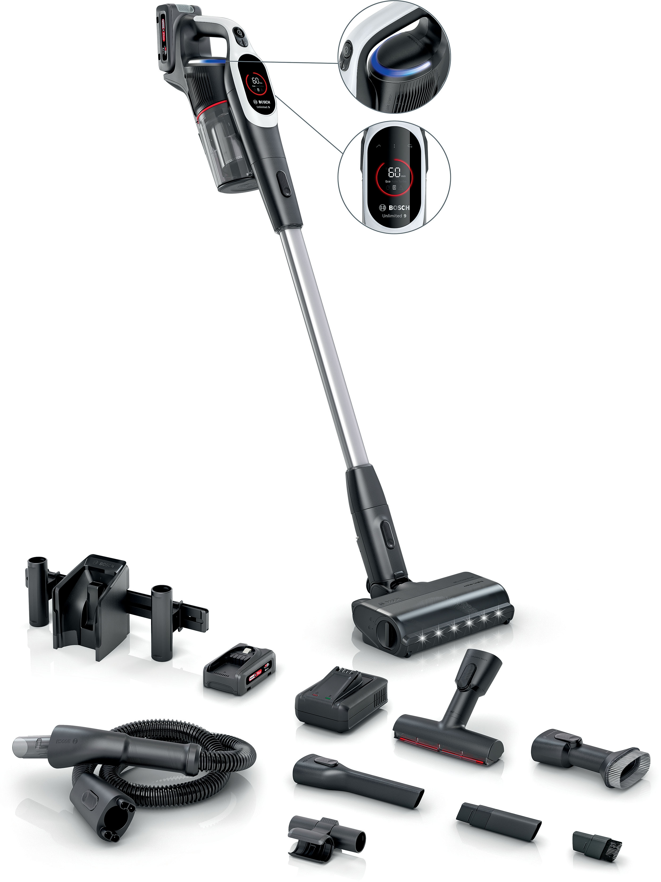 BOSCH Akku-Stielstaubsauger "BTS942WQC" LED-Licht, HEPA-Filtersystem, Schnellladegerät, 2 Akkus, weiß