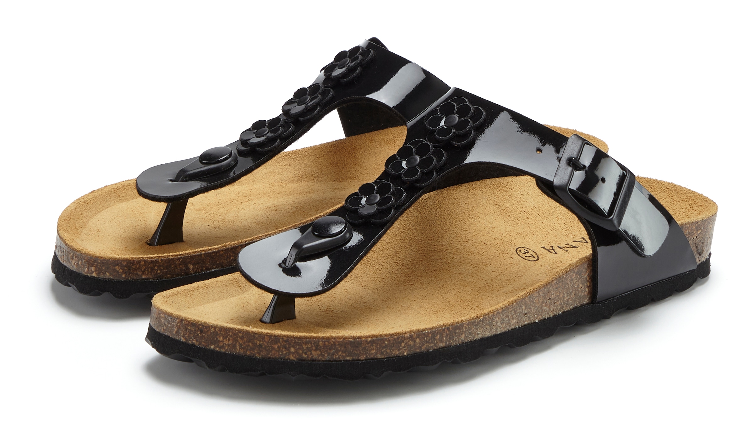 LASCANA Zehentrenner »Sandale, Pantolette, offener Schuh, Sommerschuh,«  mit modischer Applikation und Komfortkorkfußbett aus Leder