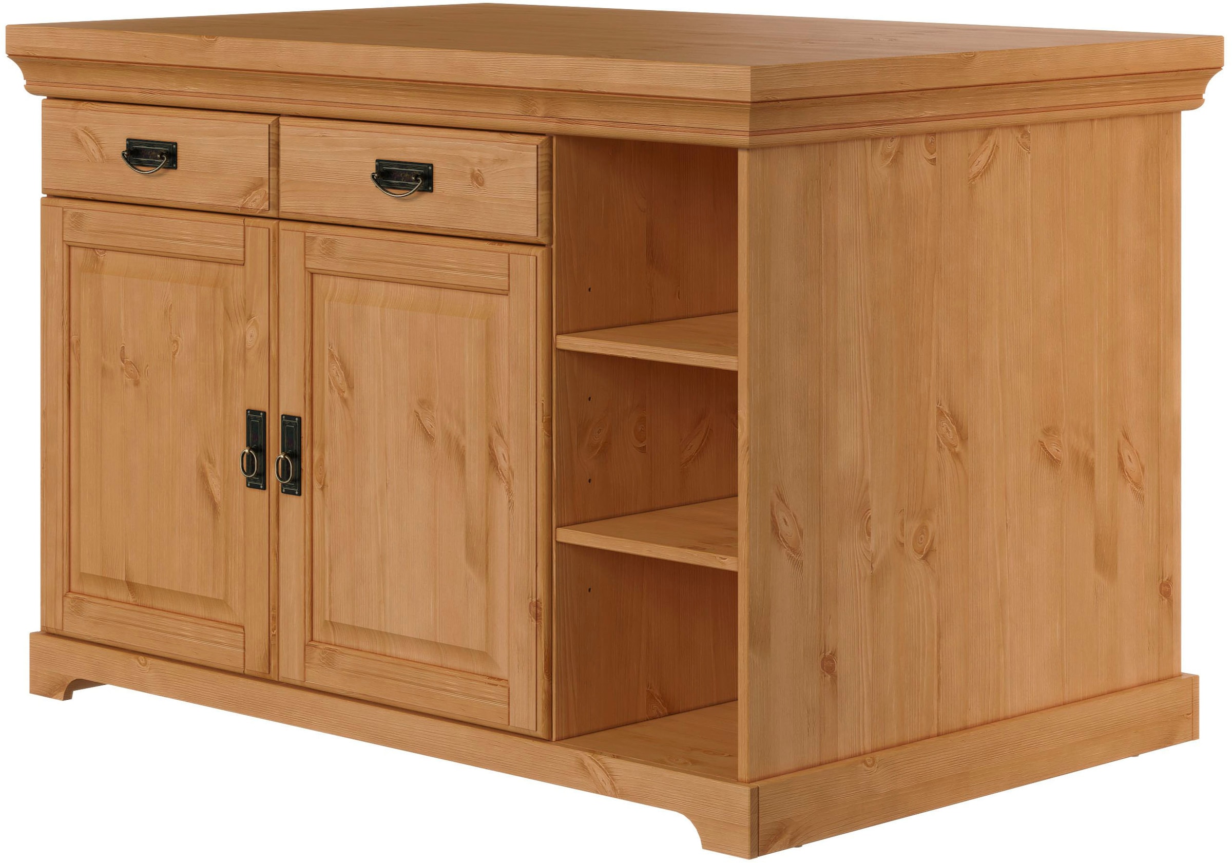 Home affaire Kücheninsel »Rügen«, Breite 130 cm, Kiefer massiv, mit Türen, Schubkästen, offenen Fächern