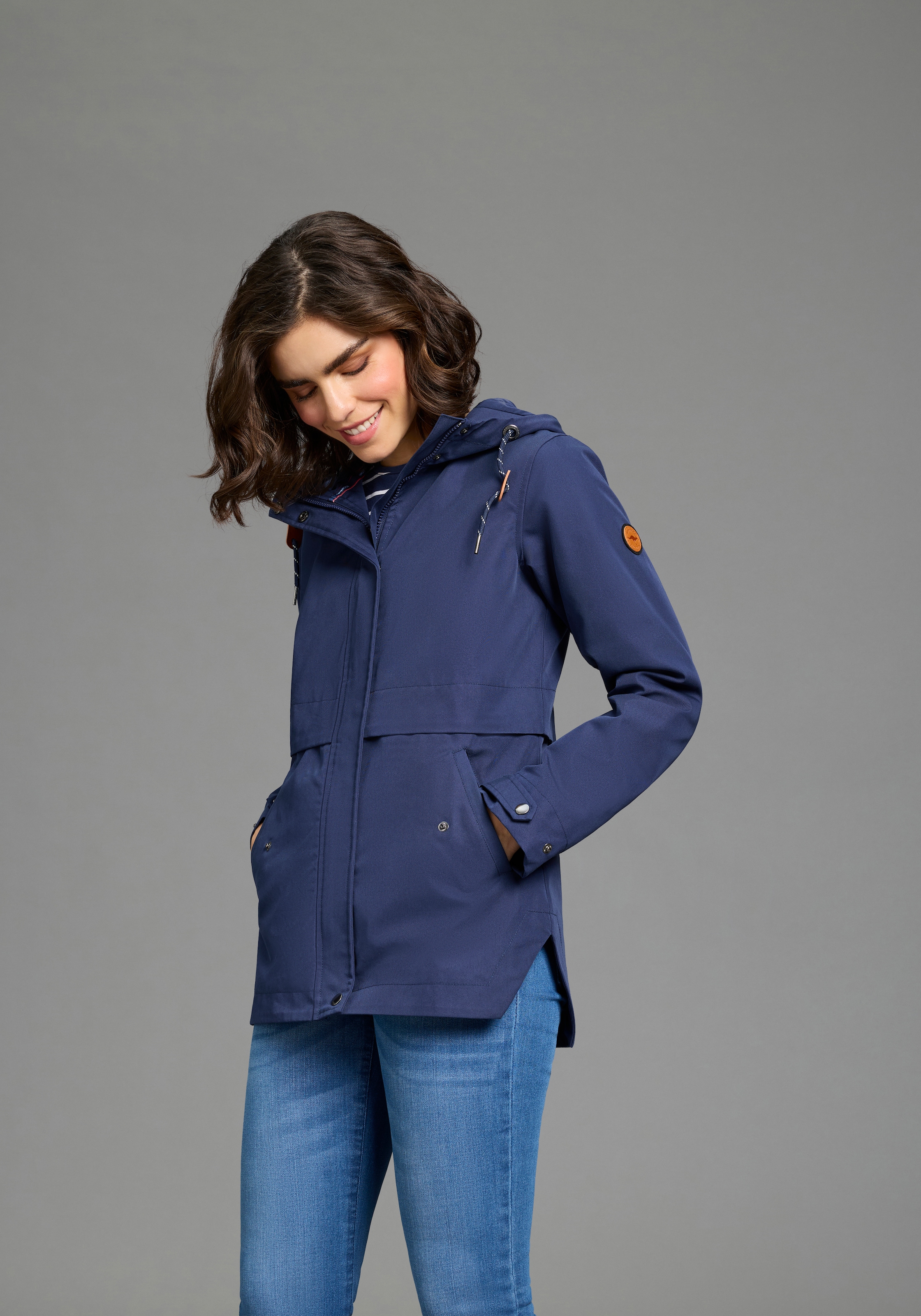 Outdoorjacke KANGAROOS, Damen, Gr. 46, marine, Web, Obermaterial: 66% Baumwolle, 34% Polyester. Futter: 100% Polyester, kontrastfarbene Details, unifarben, Jacken Outdoorjacke, Übergangsjacke gefütterte Kapuze, Kordelzug, Klappentaschen