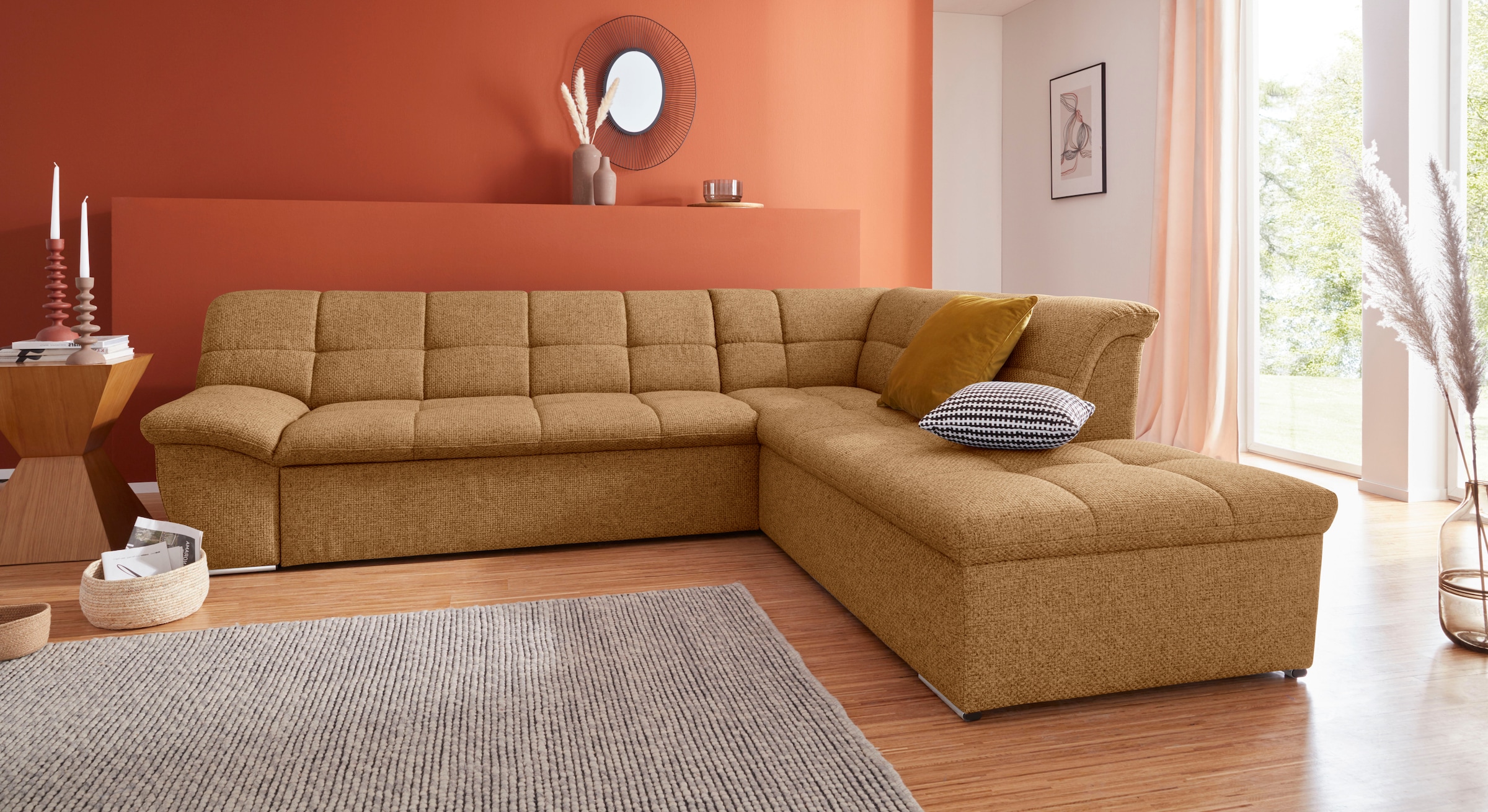 DOMO collection Ecksofa "Lagoa, moderne Sitzheftung, bequem und komfortabel, L-Form" wahlweise mit Bettfunktion, frei im Raum stellbar, große Farbvielfalt
