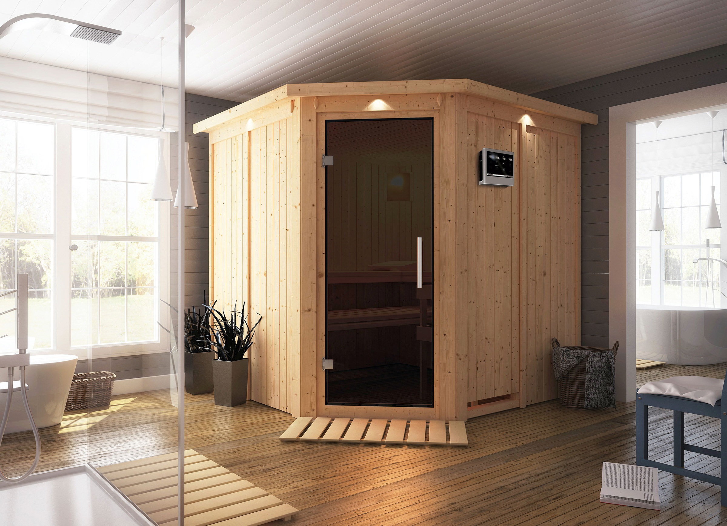 Karibu Sauna »Jarin«, 9-kW-Bio-Ofen mit externer Steuerung