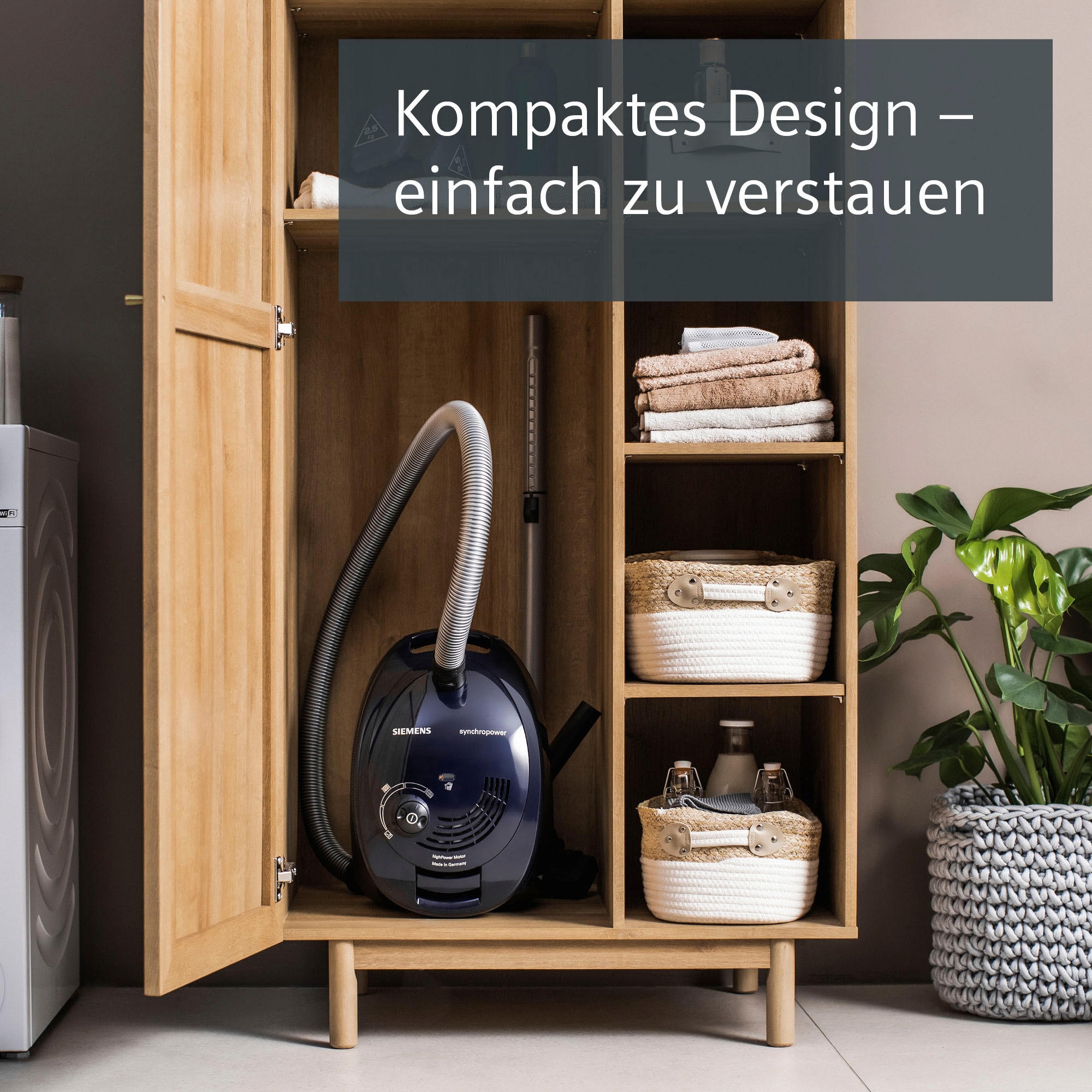 SIEMENS Bodenstaubsauger »synchropower VS06A111, Made in Germany, Hygiene-Filter, kompakt«, 600 W, mit Beutel, für Hartboden/Teppich, hohe Saugkraft, integriertes Zubehör, blau