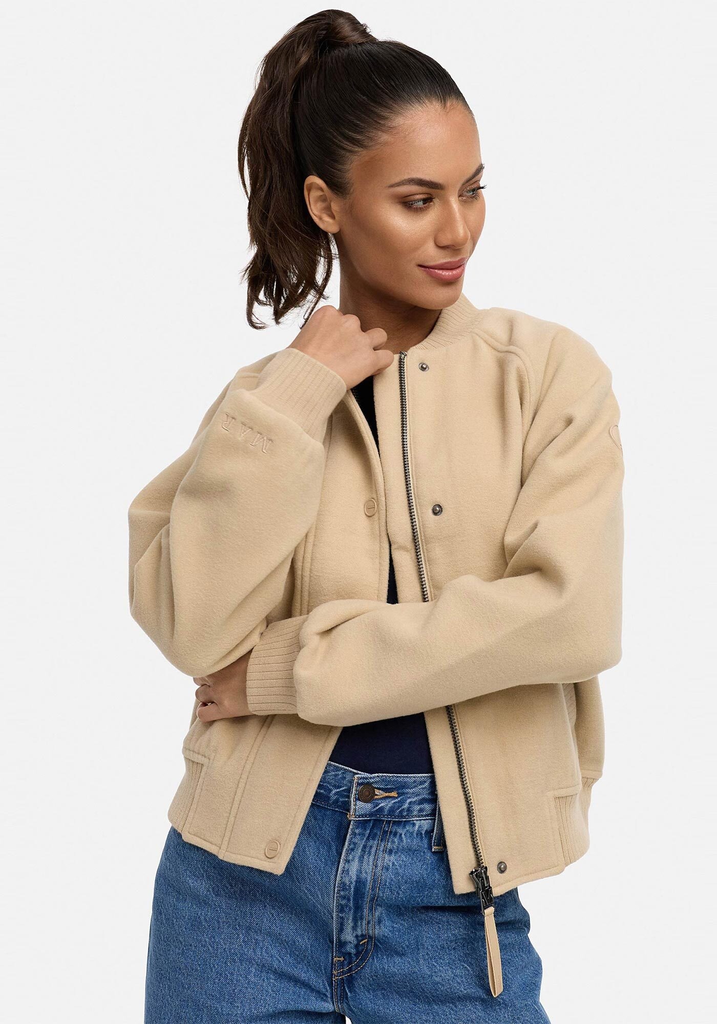 Marikoo Collegejacke »Zunaa«, Modische Jacke im Collegejacken-Stil mit Rippbündchen und Raglanärmeln