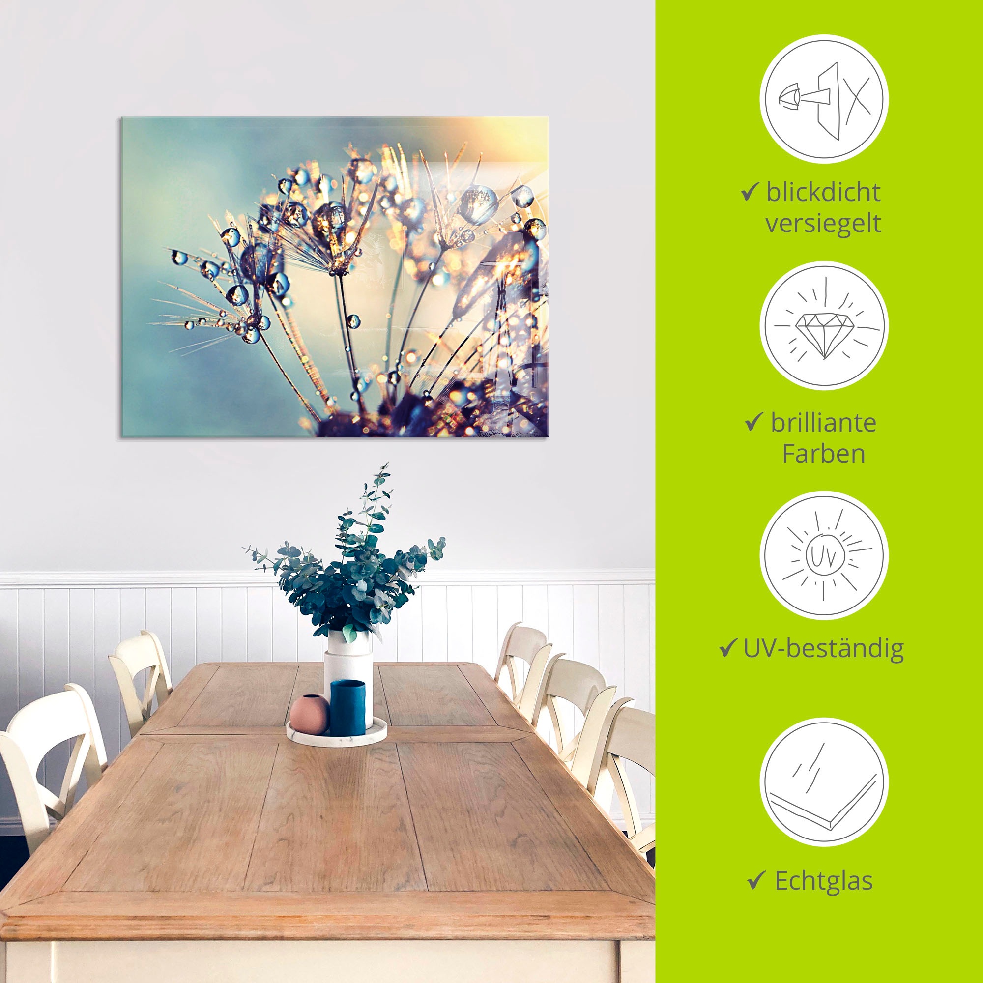 Artland Glasbild »Pusteblume Glitzertau«, Blumen, (1 St.), in verschiedenen Größen
