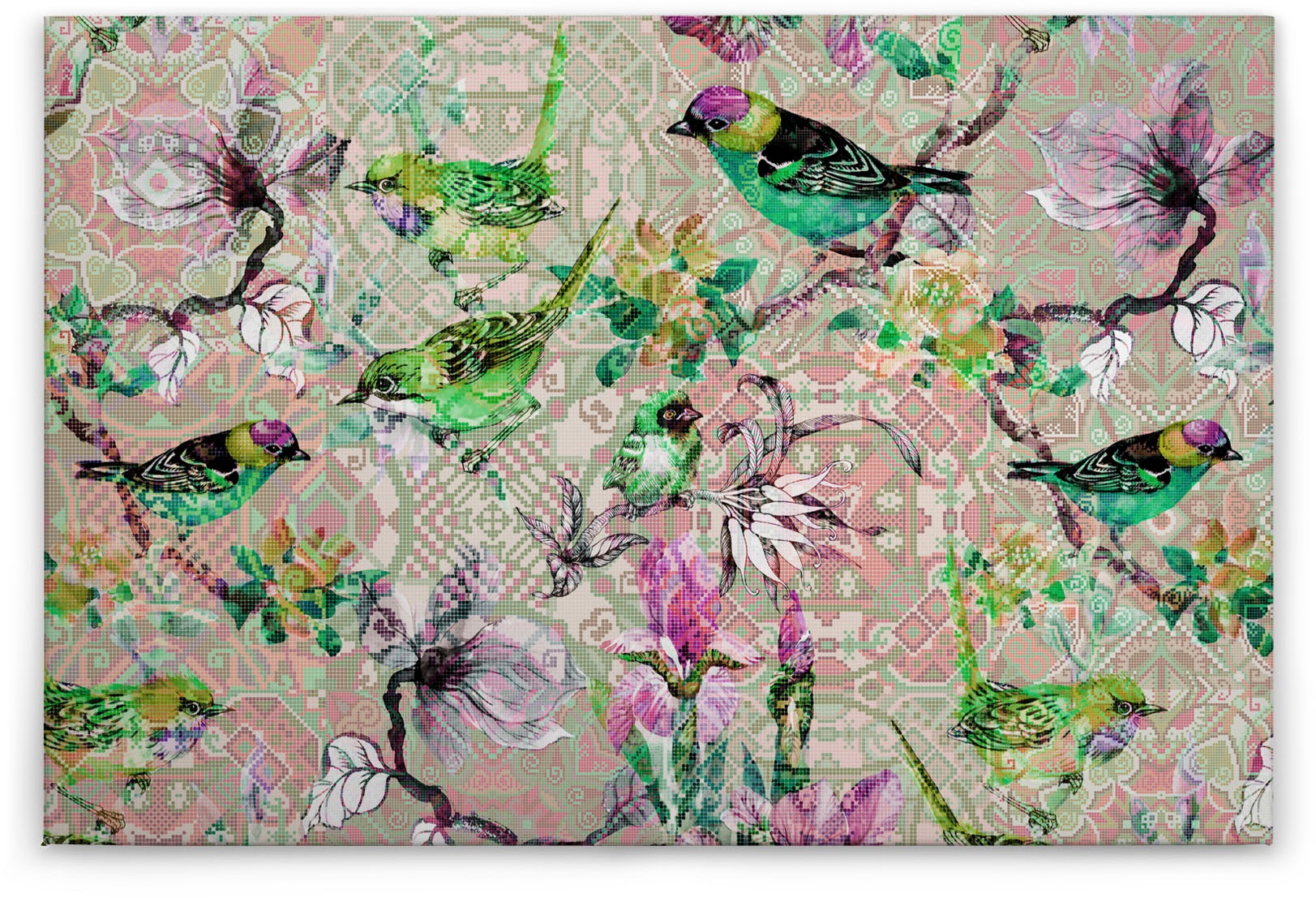 A.S. Création Leinwandbild »mosaic birds«, Kunst-Vögel-Kinder, (1 St.), Mosaik Keilrahmen Floral Blumen Vögel Leinwand-Bild Wohnzimmer modern