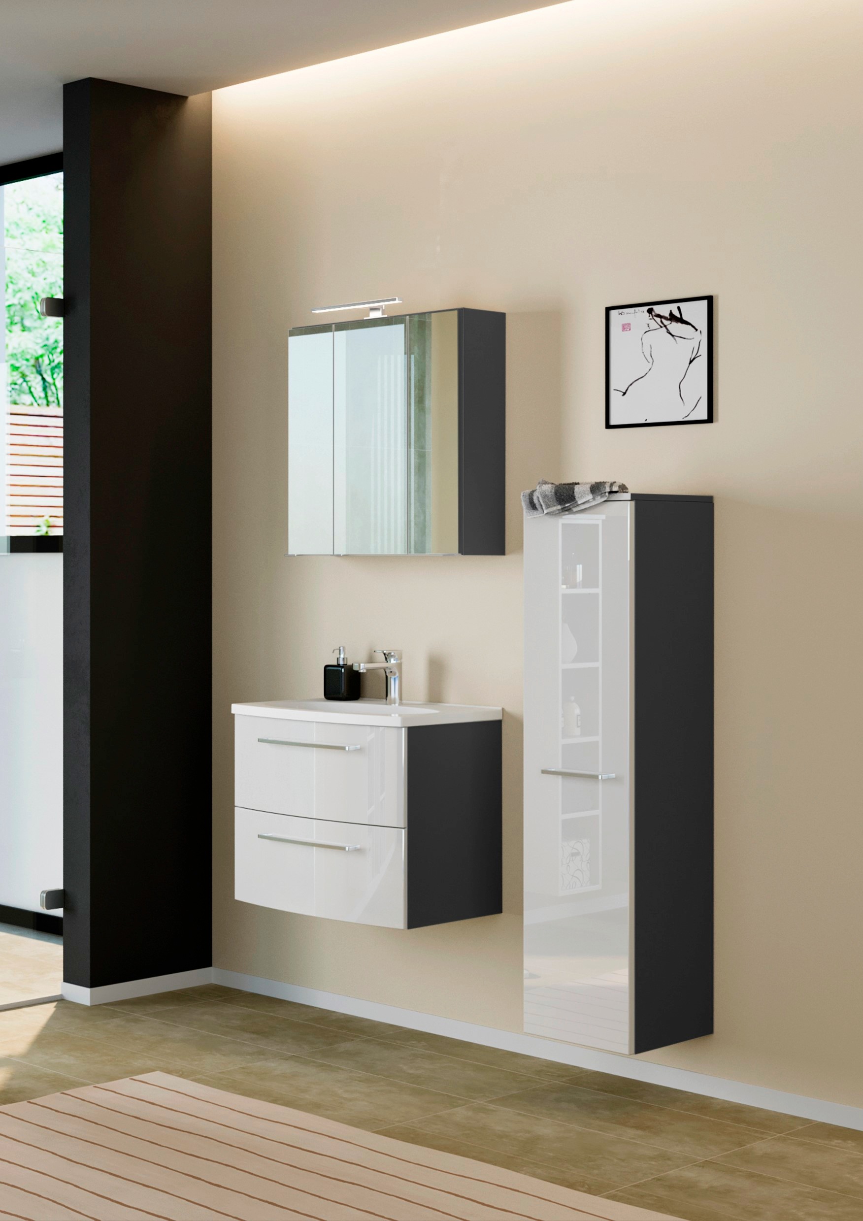 welltime Badmöbel-Set »Catania«, (3 St.), mit 3D-Spiegelschrank und gebogenes Mineralgussbecken