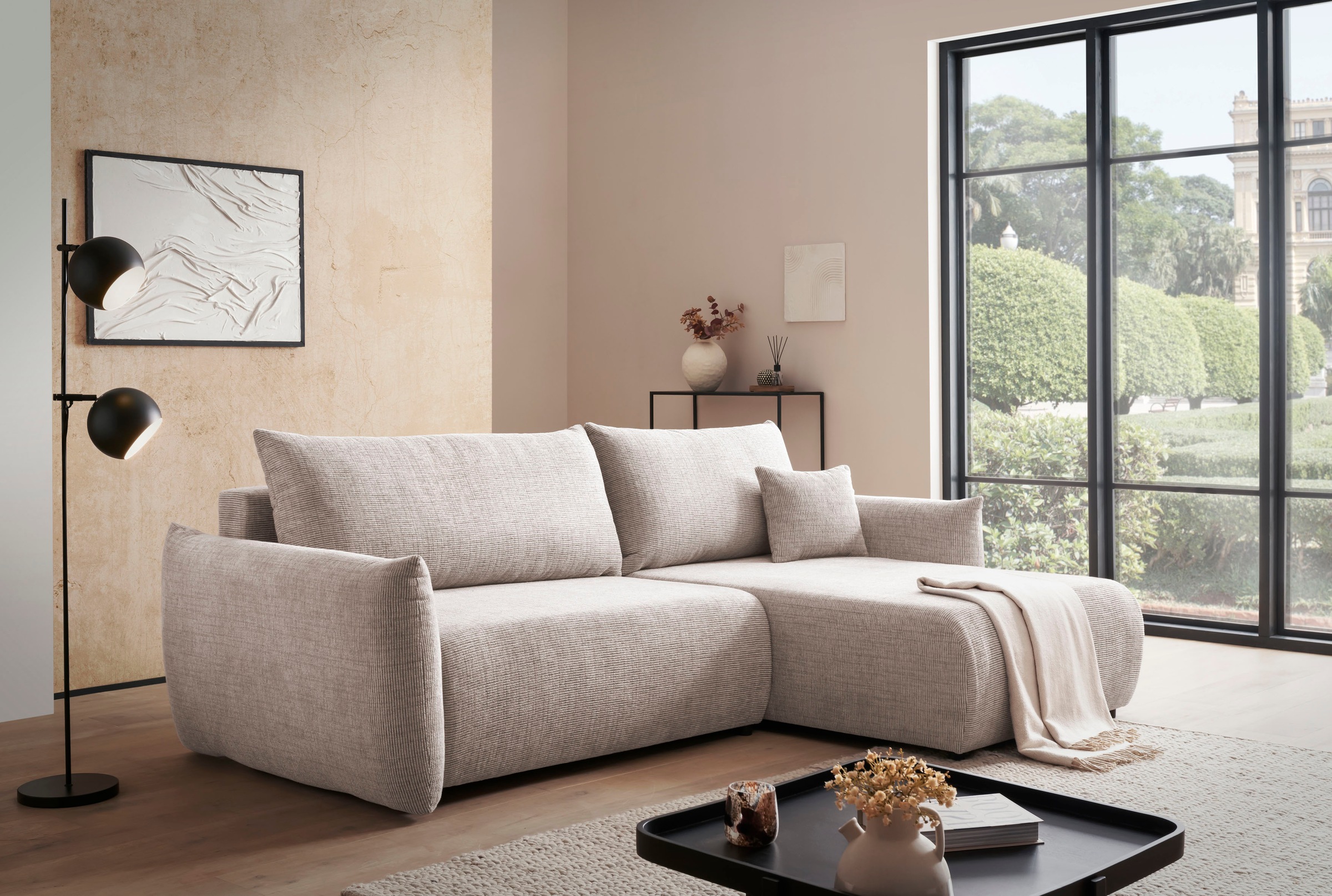 INOSIGN Ecksofa »MAVAS Schlafsofa mit Bettkasten, L-Form,«, ca.257/127cm (Liegefläche 212/145 cm), Cord, Chenille, Struktur