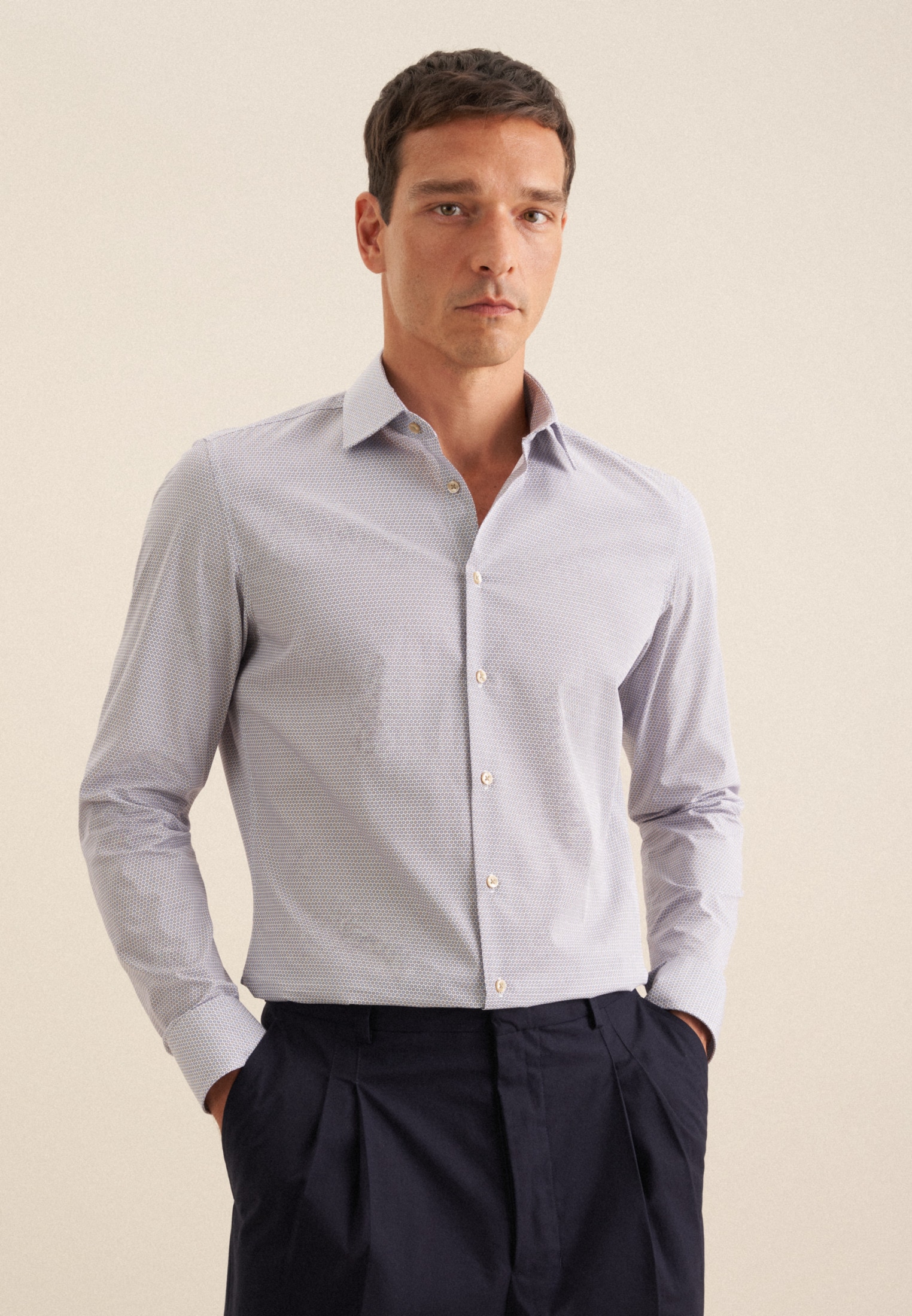 Businesshemd SEIDENSTICKER "Slim", Herren, Gr. M (40), normale Ärmellängen, beige (sand), 100% Baumwolle, bedruckt, slim fit, 2-Knopf-Manschette, Hemden, Slim 1/1 Kentkragen Druck