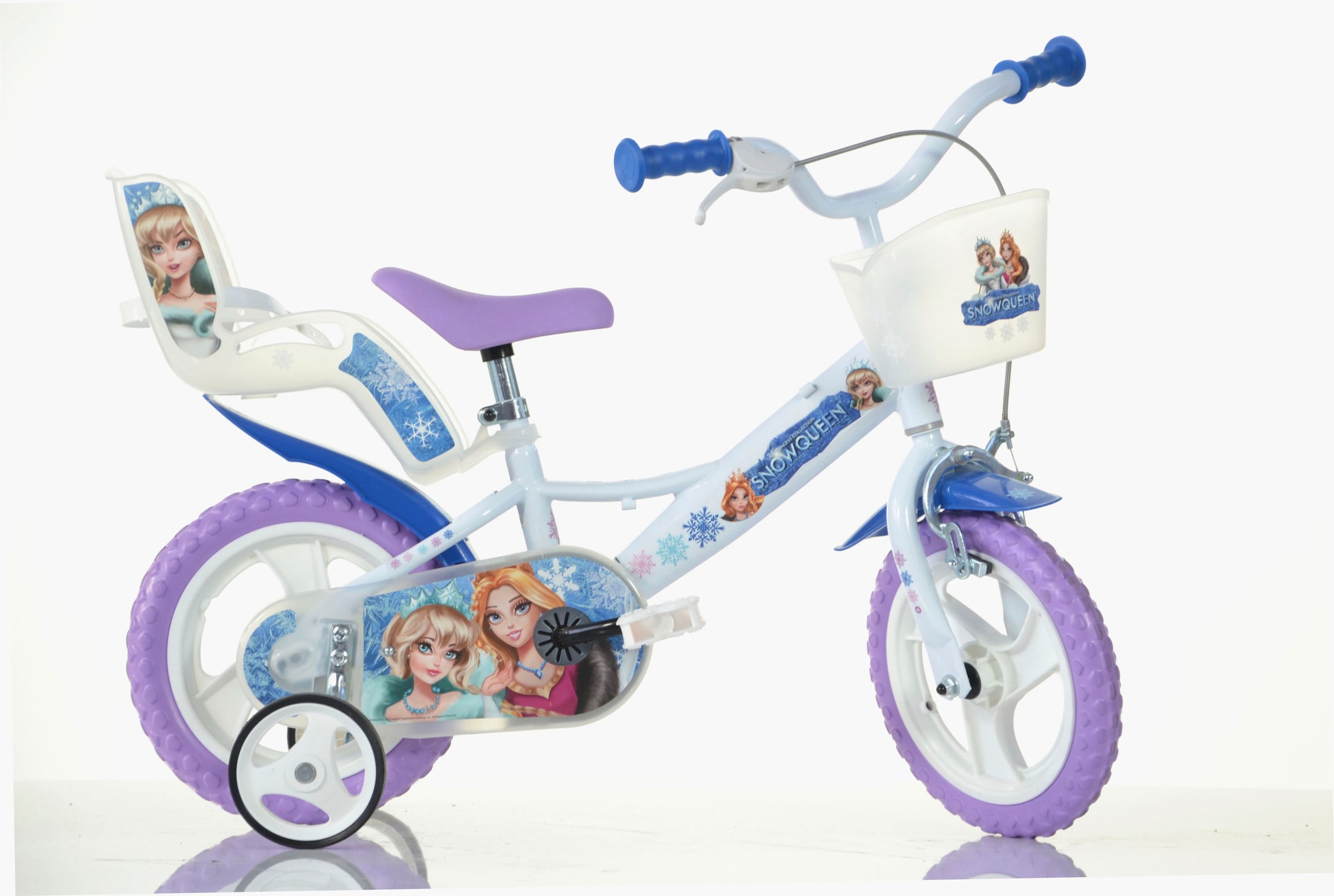 Dino Bikes 1100000002199 "12" Snowqueen Kinderfahrrad Mädchen stabiler Stahl-Rahmen Stützräder" 1 Gang mit Stützrädern, Korb und Puppensitz