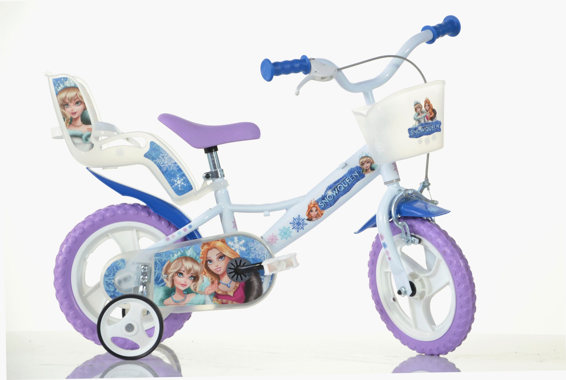 Dino Kinderfahrrad "Snow Queen Eiskönigin 12 Zoll", 1 Gang, mit Stützrädern, Korb und Puppensitz