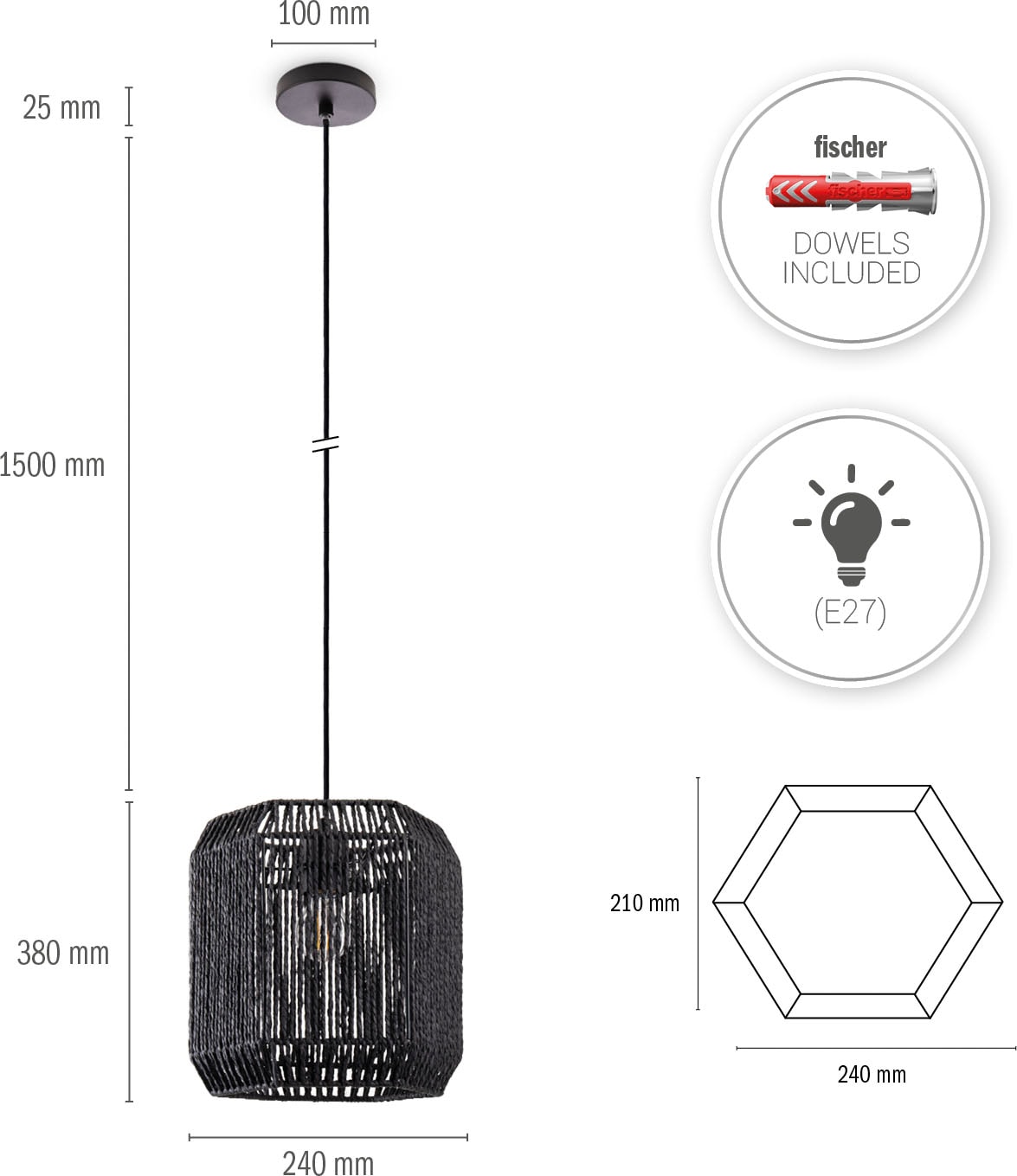 Paco Home Pendelleuchte »Hugo Pepe«, Leuchtmittel E27 | ohne Leuchtmittel, Wohnzimmer Esszimmer Rattan Optik Boho Schirm Papier Sechseckig